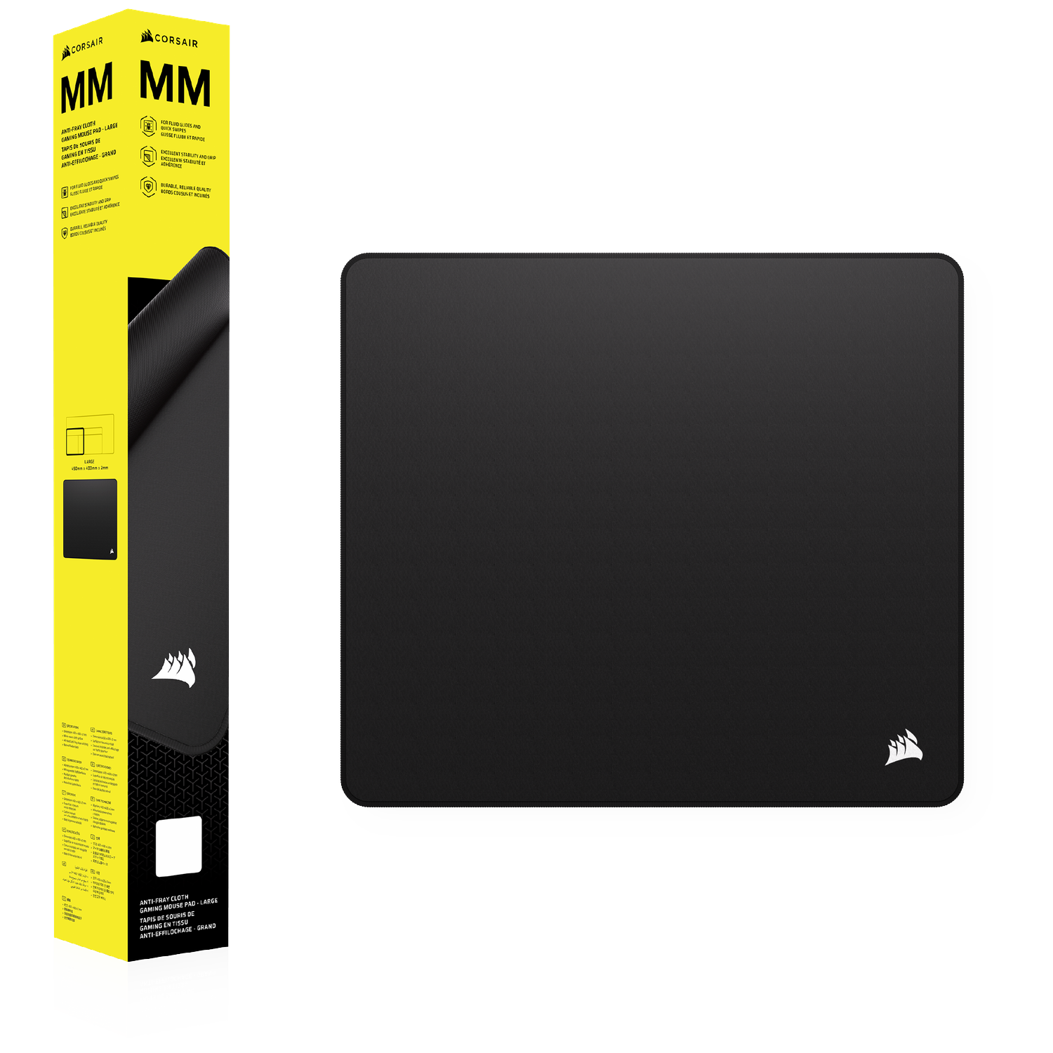 Zwart Corsair gaming muismat met gele verpakking, MM-logo zichtbaar.