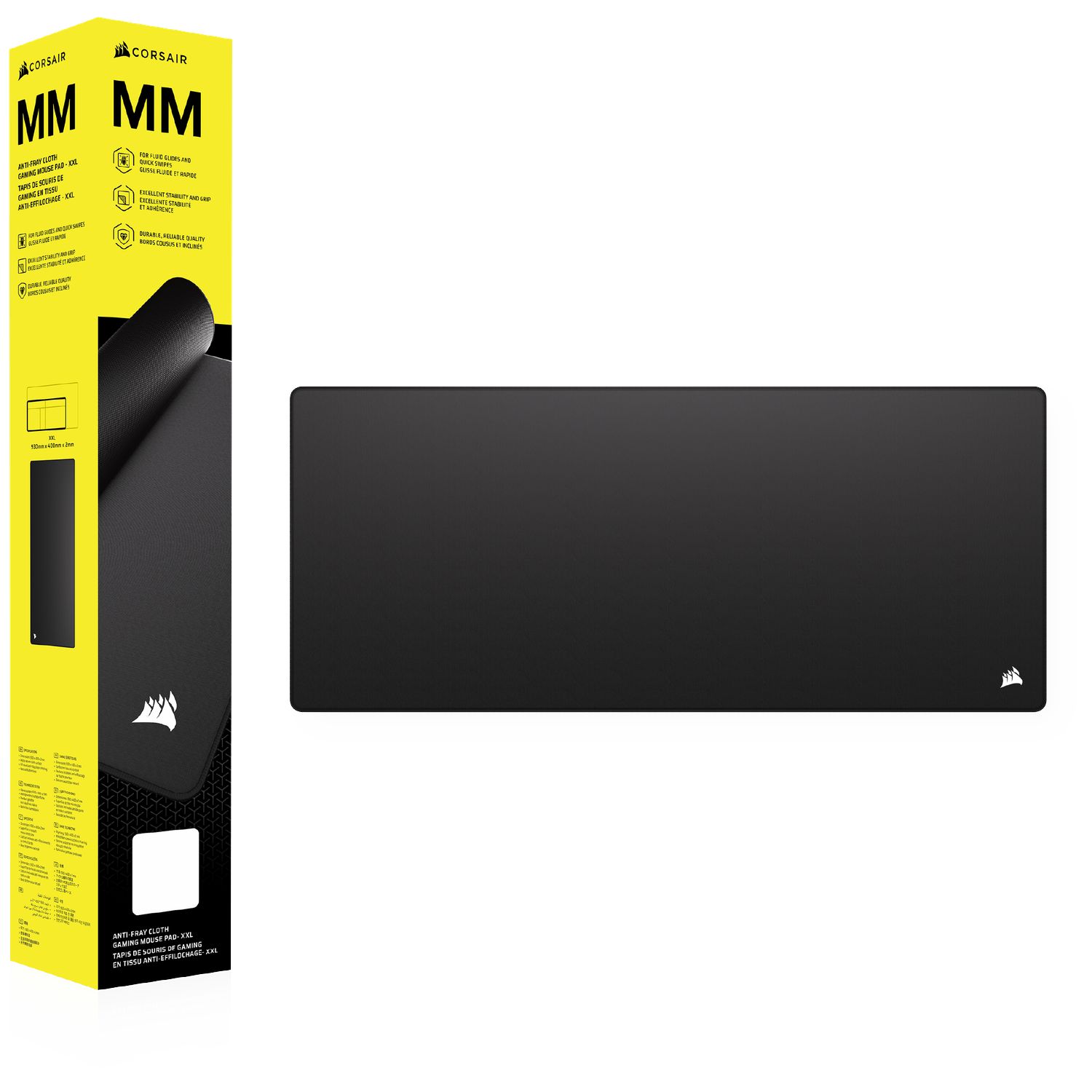 Zwart Corsair XXL gaming muismat met gele verpakking en witte logo's.