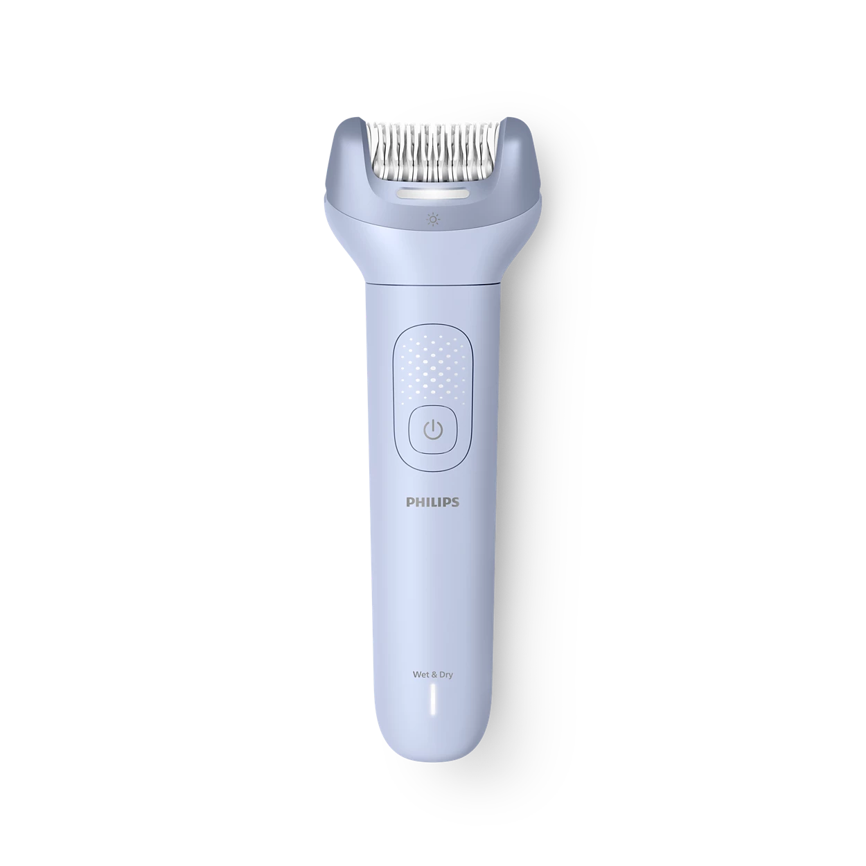Ein heller, kabelloser Philips Epilierer mit silbernen Spindeln und einem Licht.