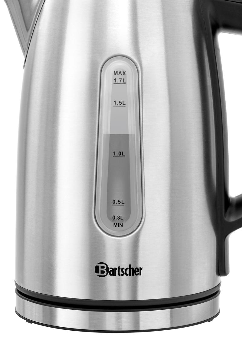Edelstahlwasserkocher mit Füllstandsanzeige bis 1,7L und Bartscher-Logo.
