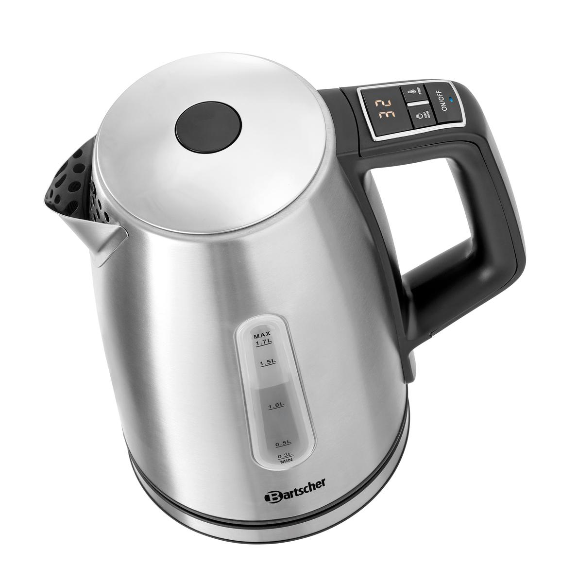 Silberner Wasserkocher mit schwarzem Griff, digitaler Anzeige und Wasserstandsanzeige.