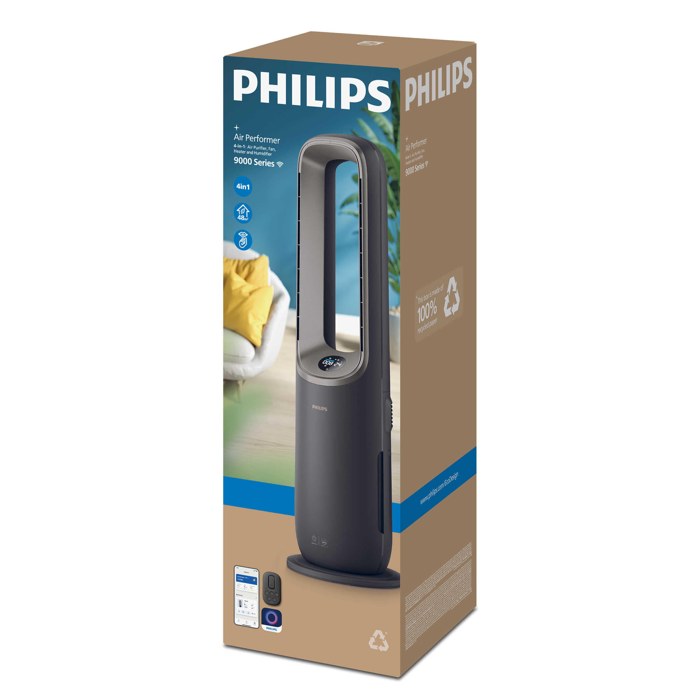 Philips Air Performer Seria 9000 na opakowaniu kartonowym, oczyszczacz powietrza 4w1, wentylator, grzejnik, nawilżacz.