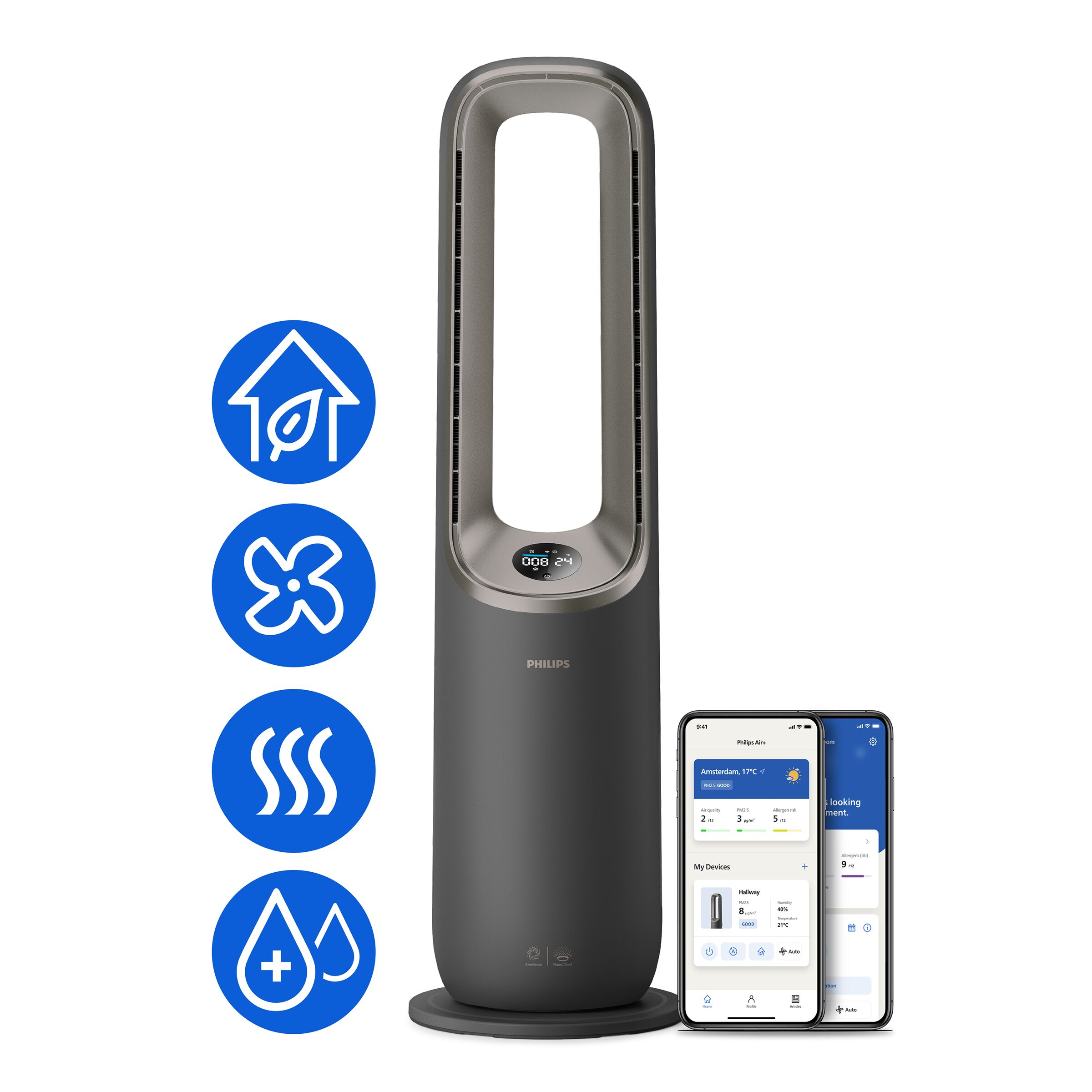 Ciemny wentylator wieżowy z cyfrowym wyświetlaczem, obok dwóch smartfonów.