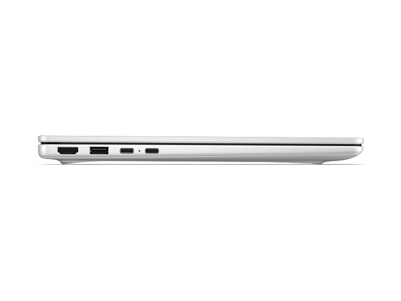 Weiße Laptops-Seite mit HDMI-, USB-A- und zwei USB-C-Anschlüssen.