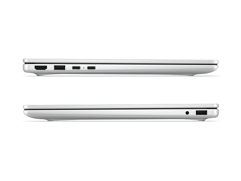 Seitenansicht eines weißen Laptops mit Anschlüssen: HDMI, USB-A, 2x USB-C oben und Audiobuchse, USB-A unten.