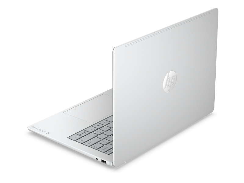 Ein weißer HP Omnibook 3 Laptop, geöffnet, mit Tastatur und Touchpad sichtbar.