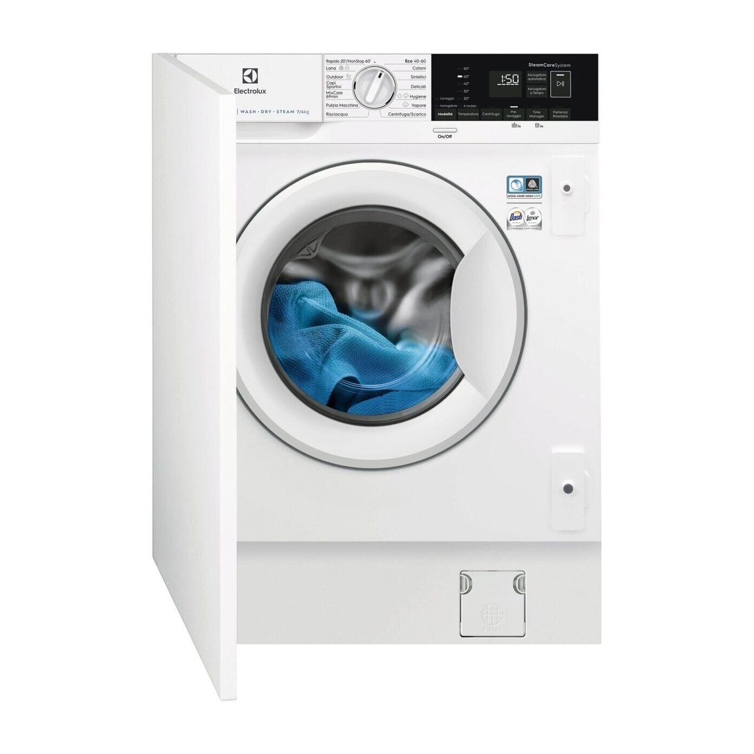 Una lavatrice Electrolux bianca con oblò aperto, mostra biancheria blu all'interno.