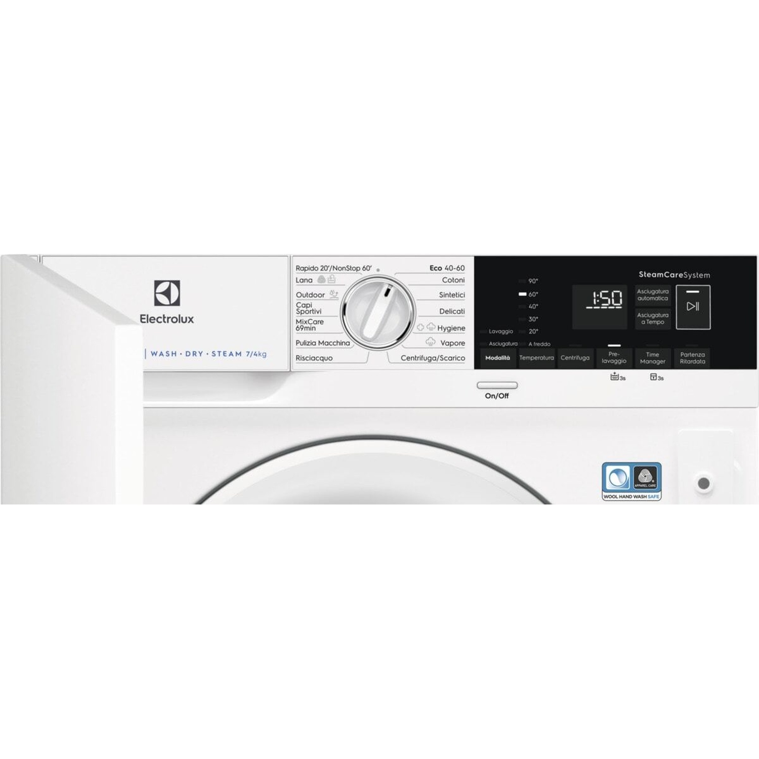 Un pannello di controllo bianco di lavatrice Electrolux con selettore programmi, display e pulsanti.
