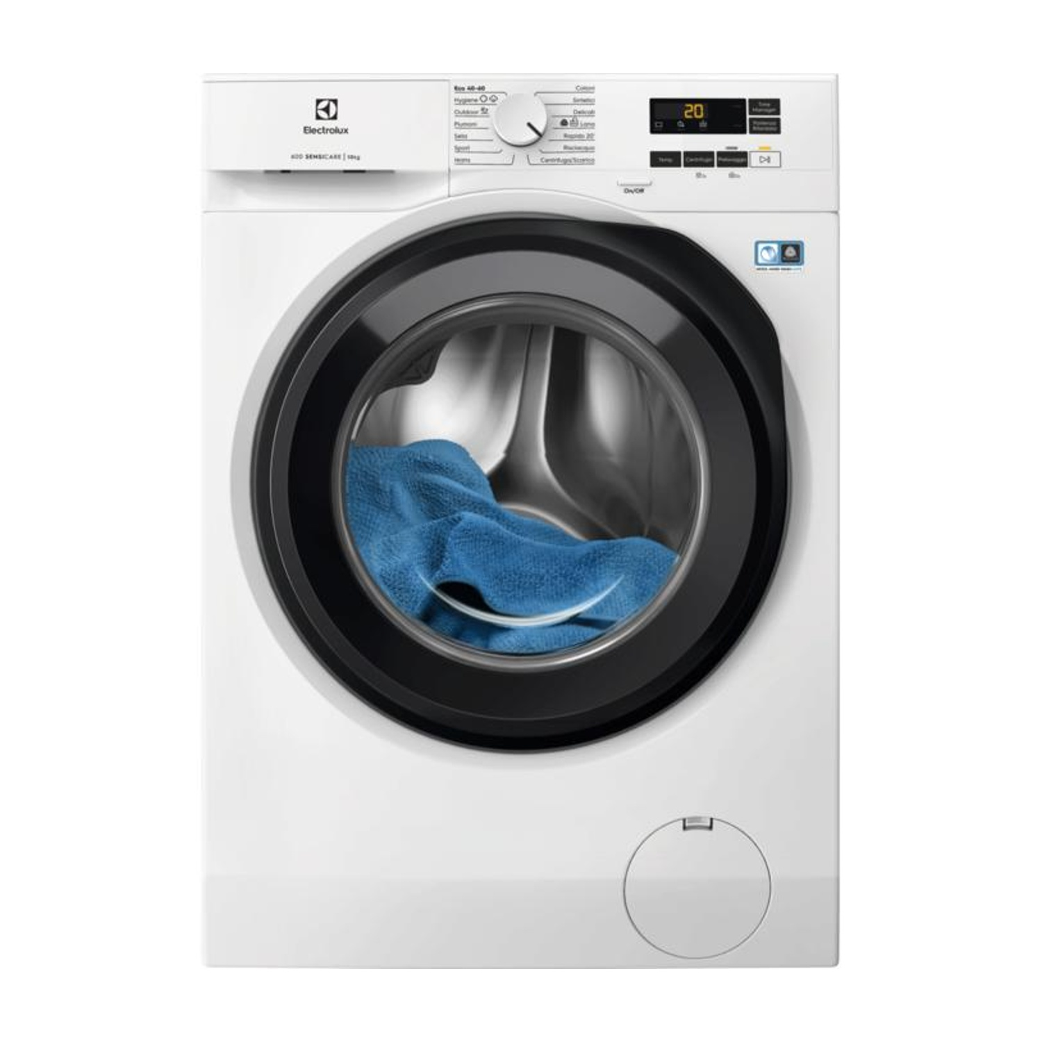 Vista frontale di una lavatrice bianca Electrolux con asciugamano blu all'interno.