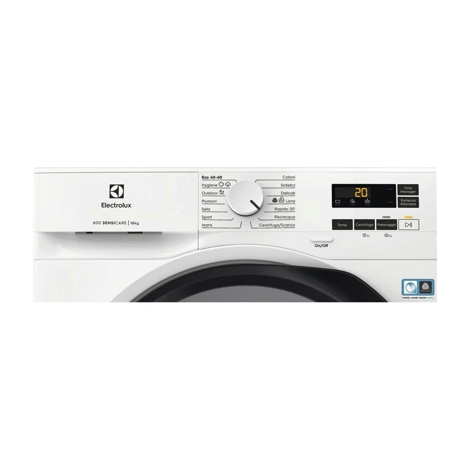 Una lavatrice Electrolux bianca con pannello di controllo e selezione programmi.