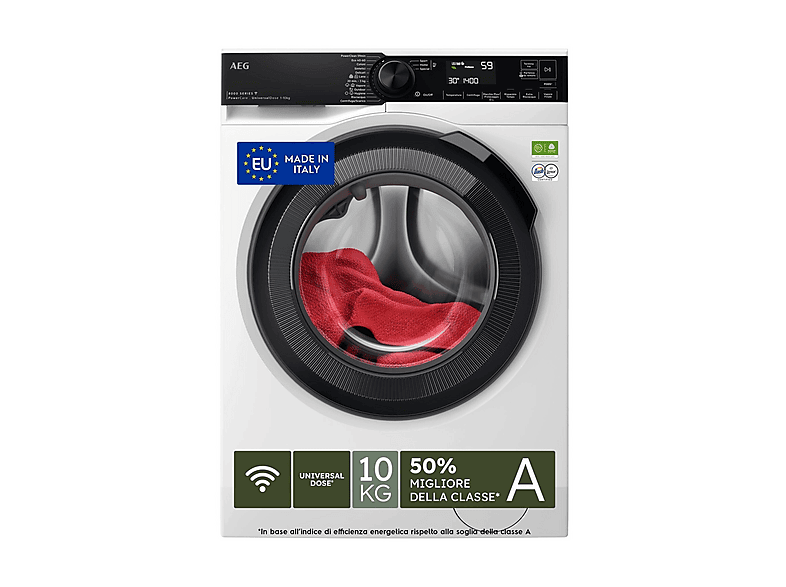 AEG LR8FH104VY LAVATRICE, Caricamento frontale, 10 kg, 13 programmi, Profondità 63,6 cm, Giri 1400 rpm, Bianco, livello rumorosità centrifuga 72 dB(A), Classe A