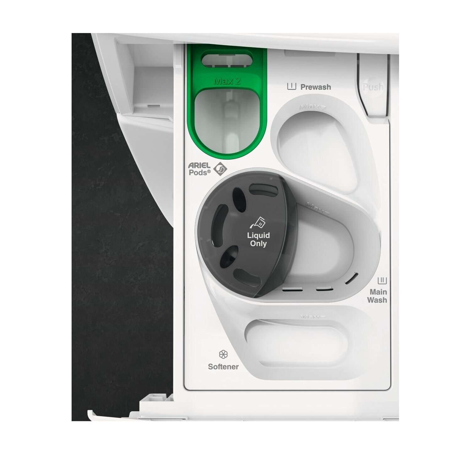 Un dispenser per detersivo con scomparti per capsule, liquido e ammorbidente.