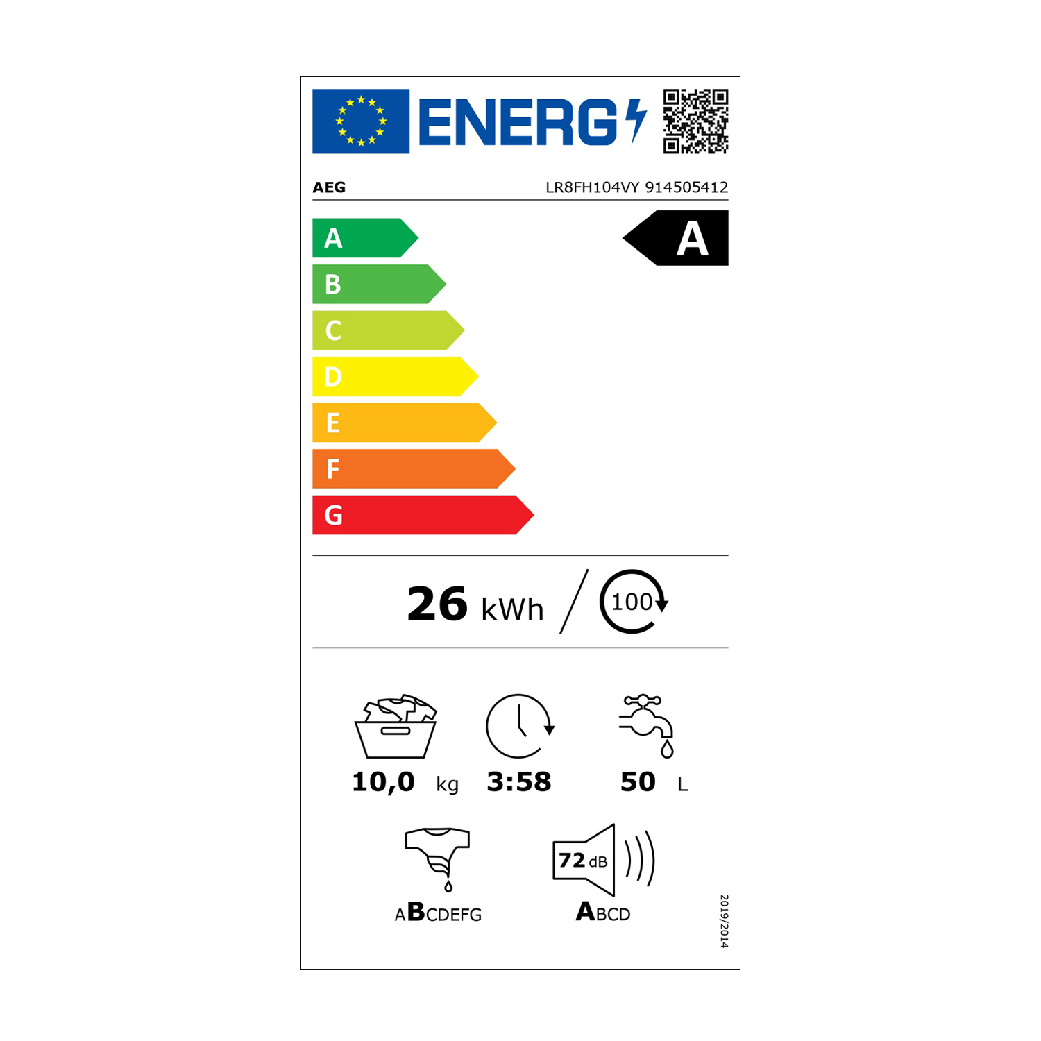Etichetta energetica scala A-G, efficienza A, 26 kWh, 10 kg, 3:58, 50 L, 72 dB.