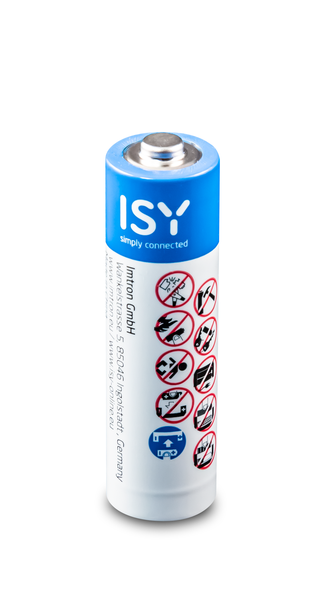 Bateria ISY z symbolami bezpieczeństwa i adresem firmy.