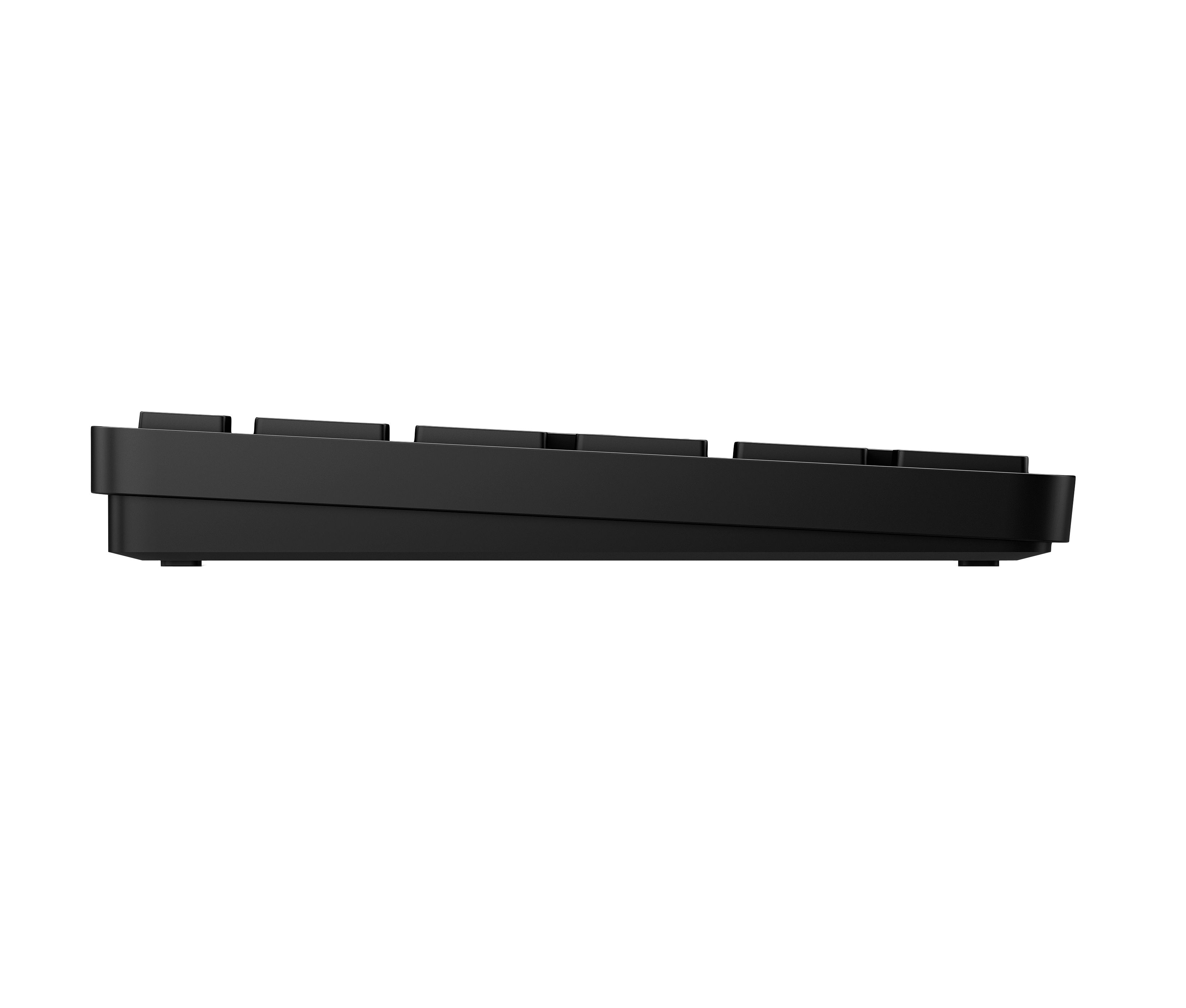 Schwarze Tastatur Seitenansicht. Klares, minimalistisches Design mit sichtbaren Tasten.