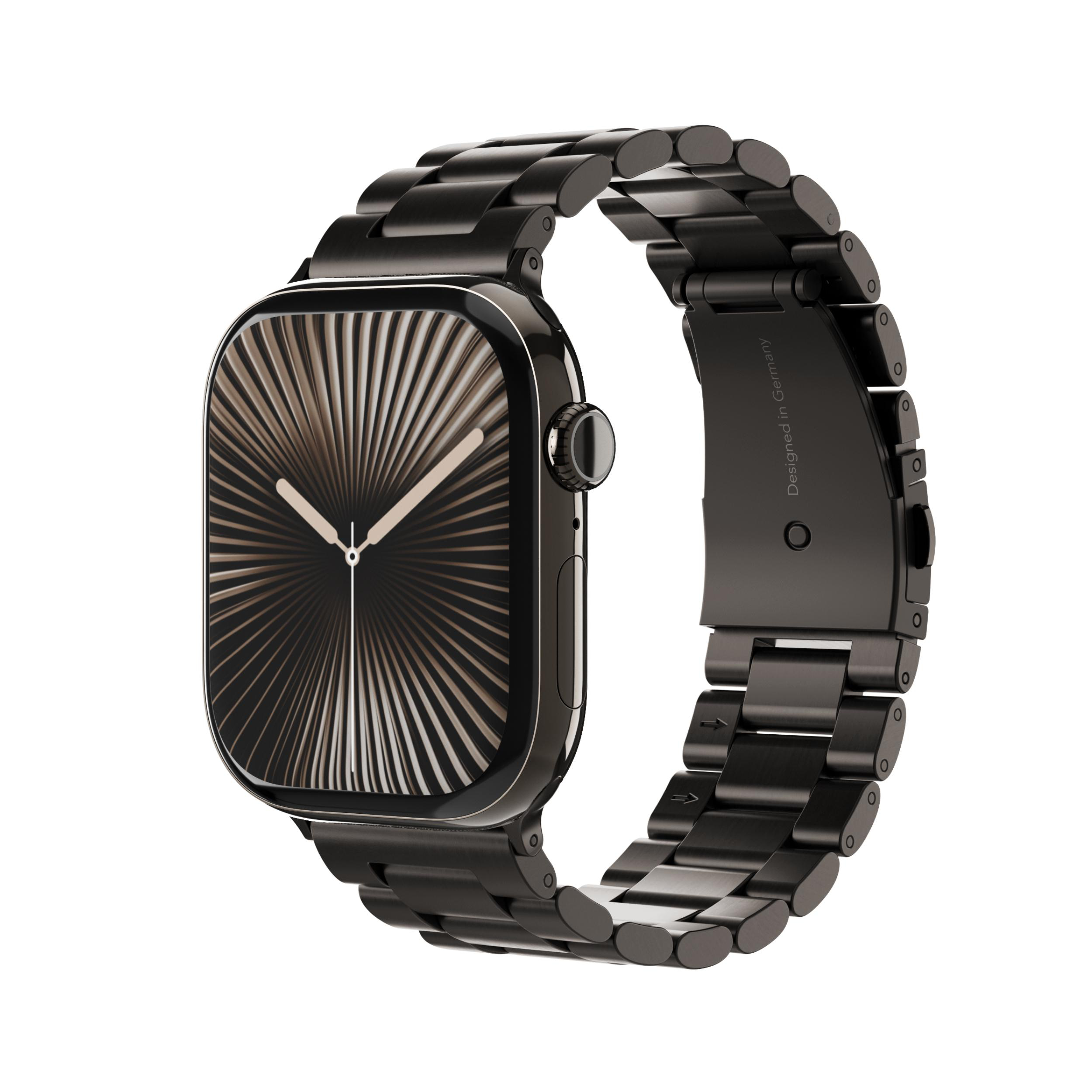 Eine schwarze Smartwatch mit einem Armband aus Gliedern und einem Zifferblatt mit strahlenförmigem Muster.