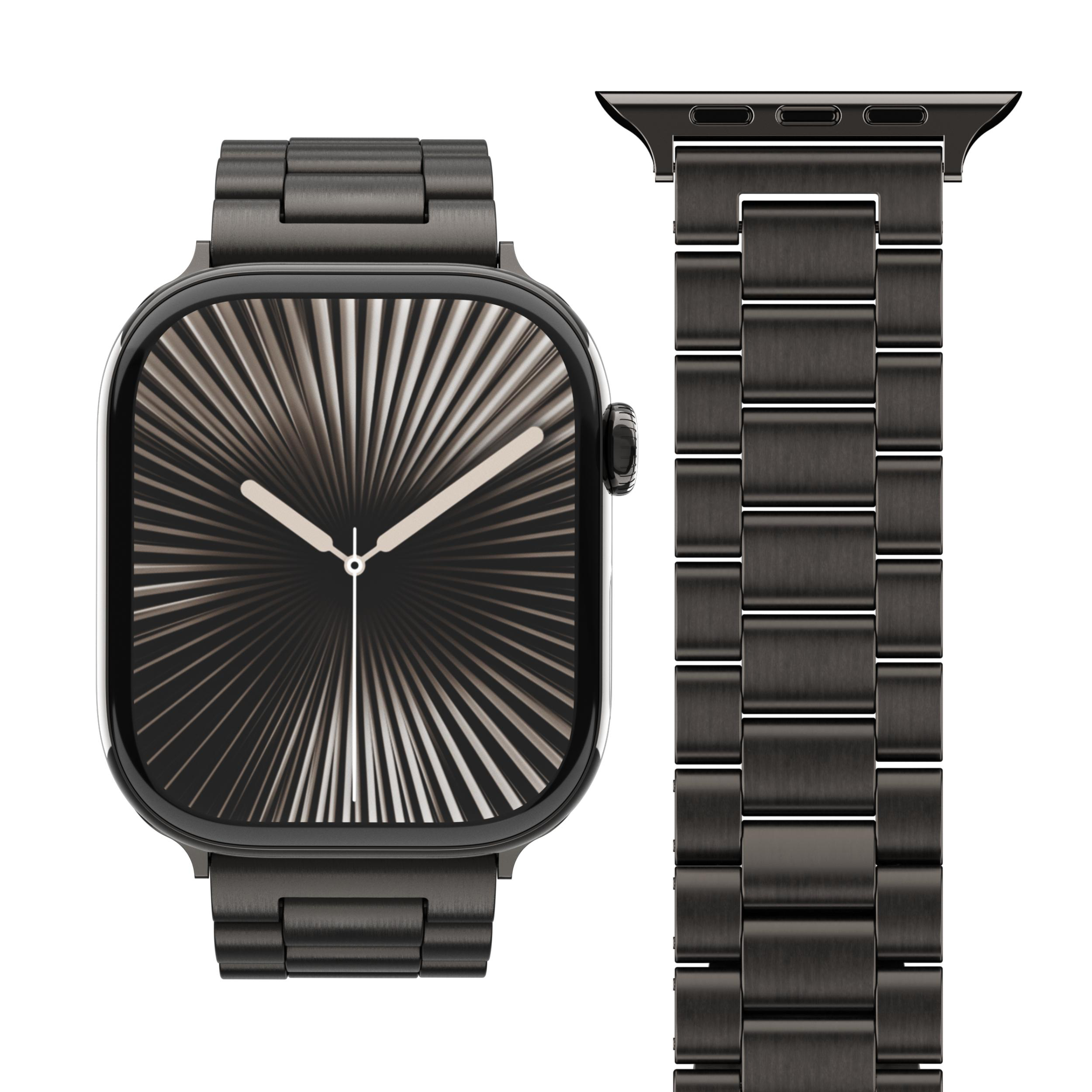 Dunkelgraue Smartwatch mit Lünetten-Zifferblatt und Gliederarmband.