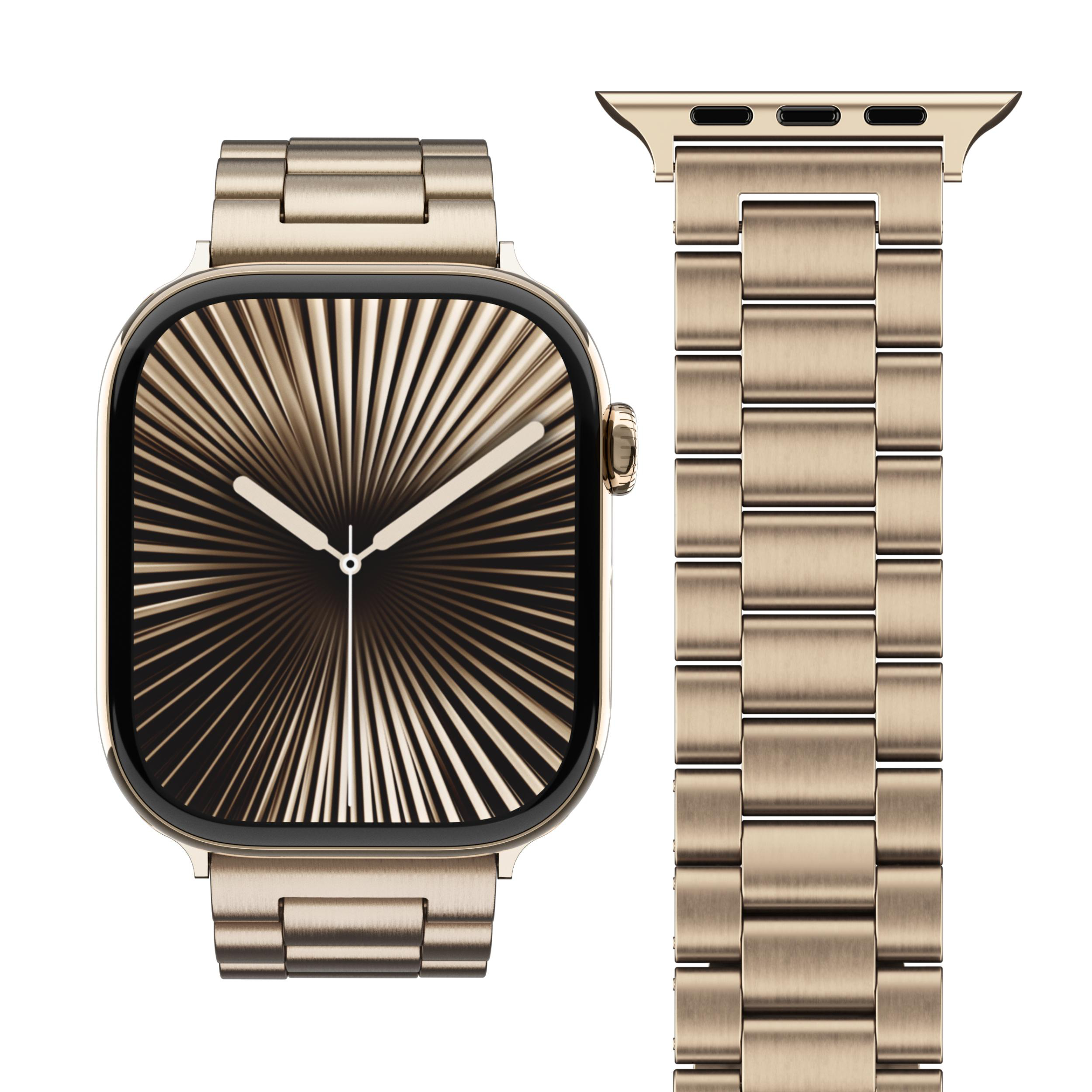 Goldene Smartwatch mit einem Lünetten-Zifferblatt und einem Metallarmband.