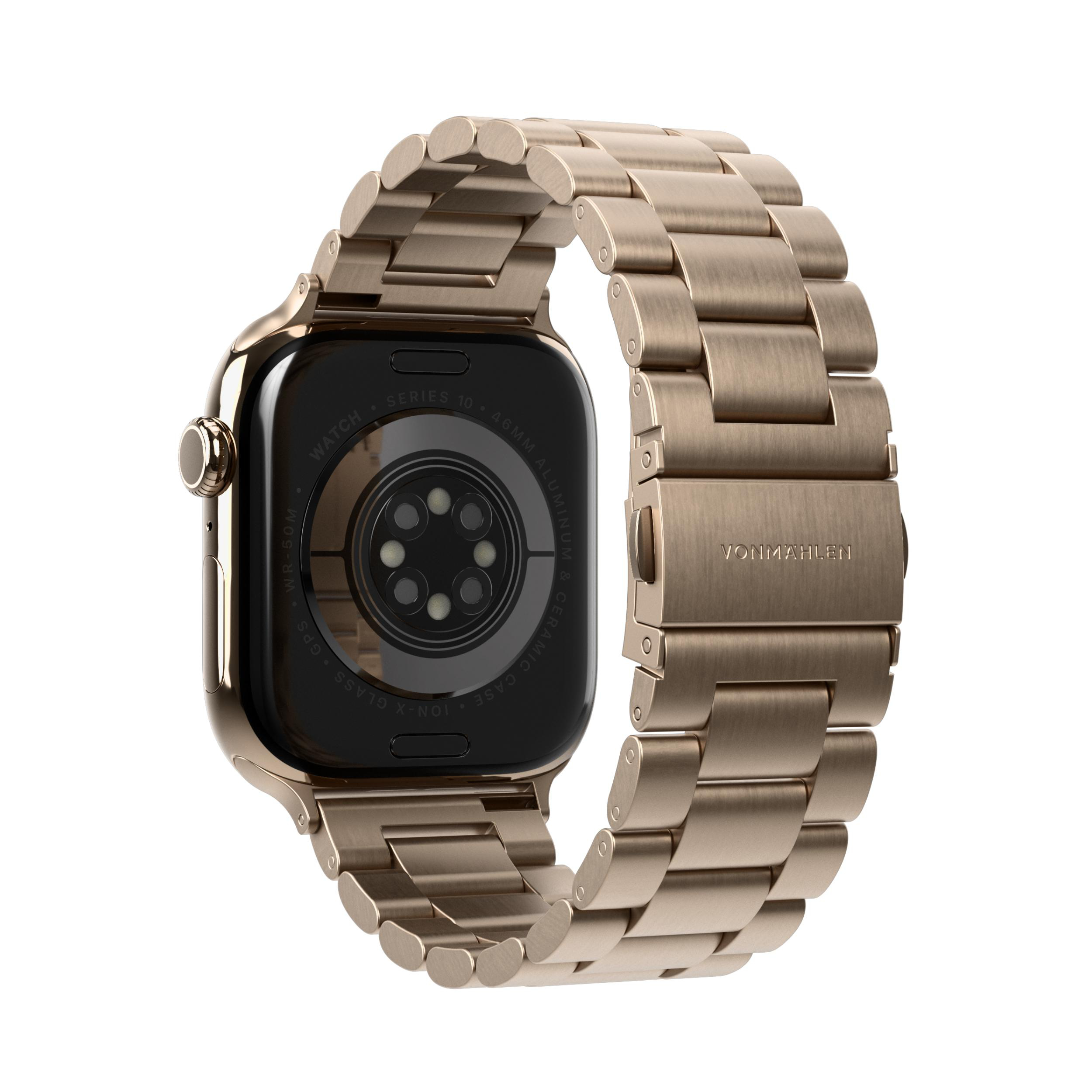 Rückseite einer goldenen Smartwatch mit Metallarmband und Sensoren.