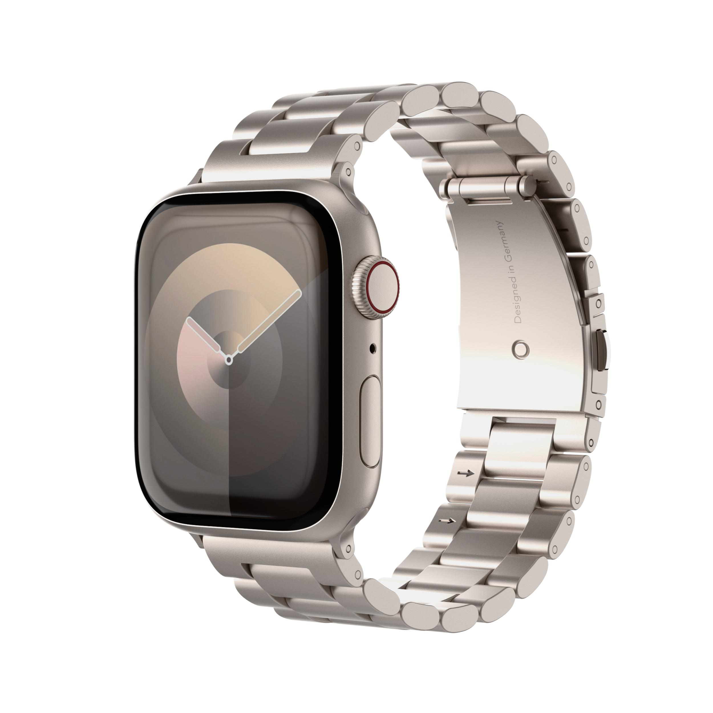 Eine silberne Smartwatch mit einem Metallarmband, auf weißem Hintergrund.