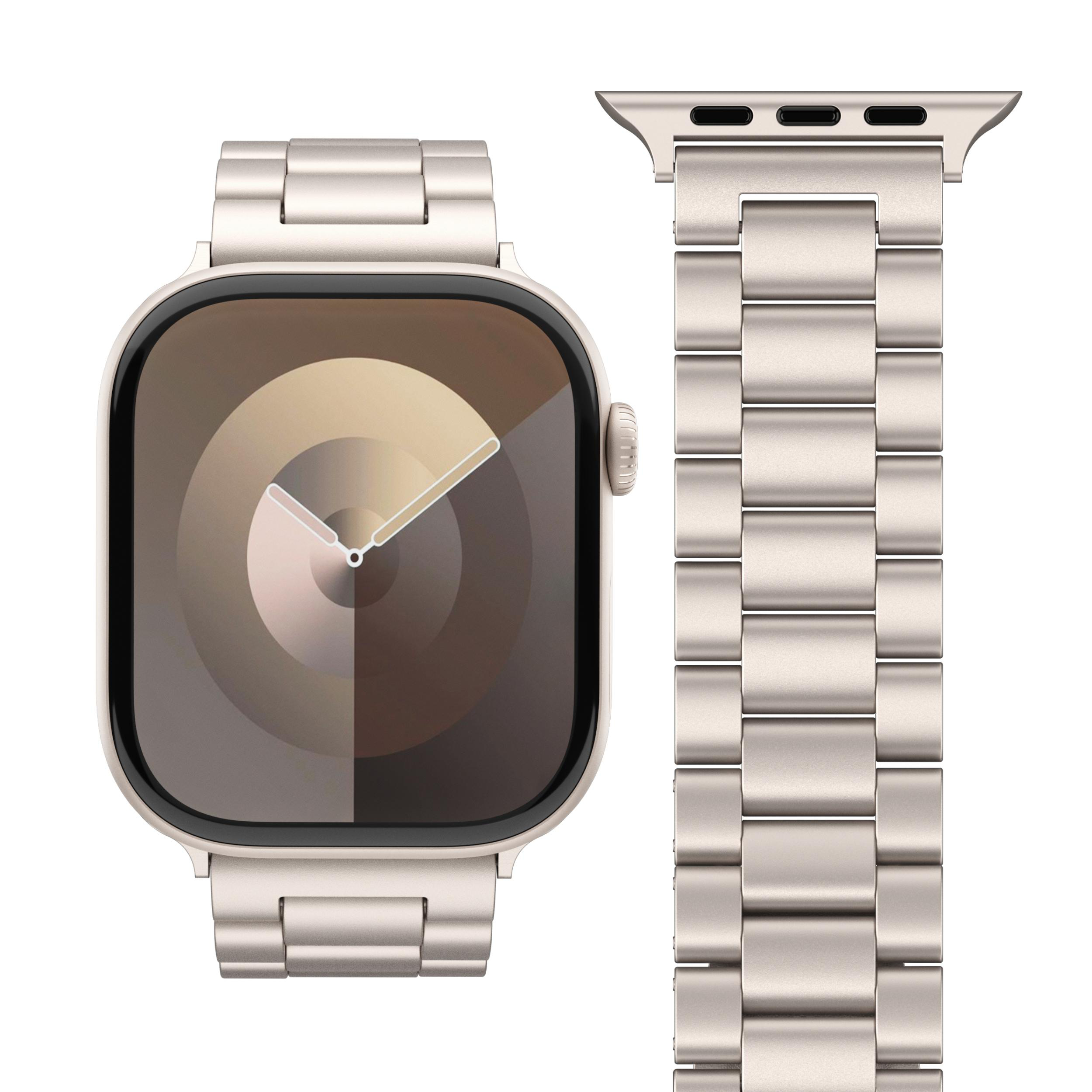 Eine silberne Smartwatch mit Metallarmband und abstrakter Zifferblattscheibe.