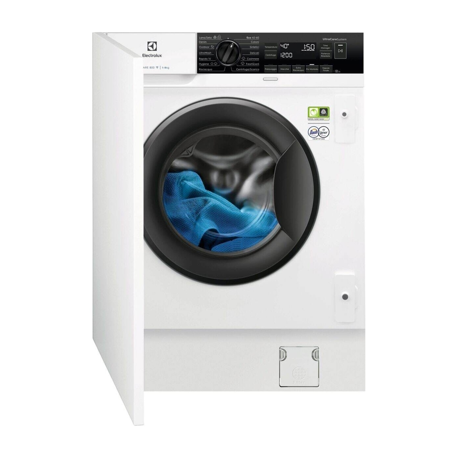 Una lavatrice Electrolux bianca con tessuto blu nel cestello e pannello di controllo.