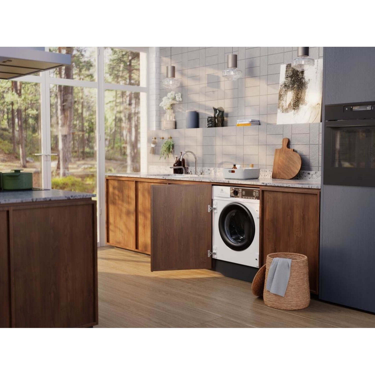 Cucina moderna con lavatrice, mobili in legno e ampia finestra.