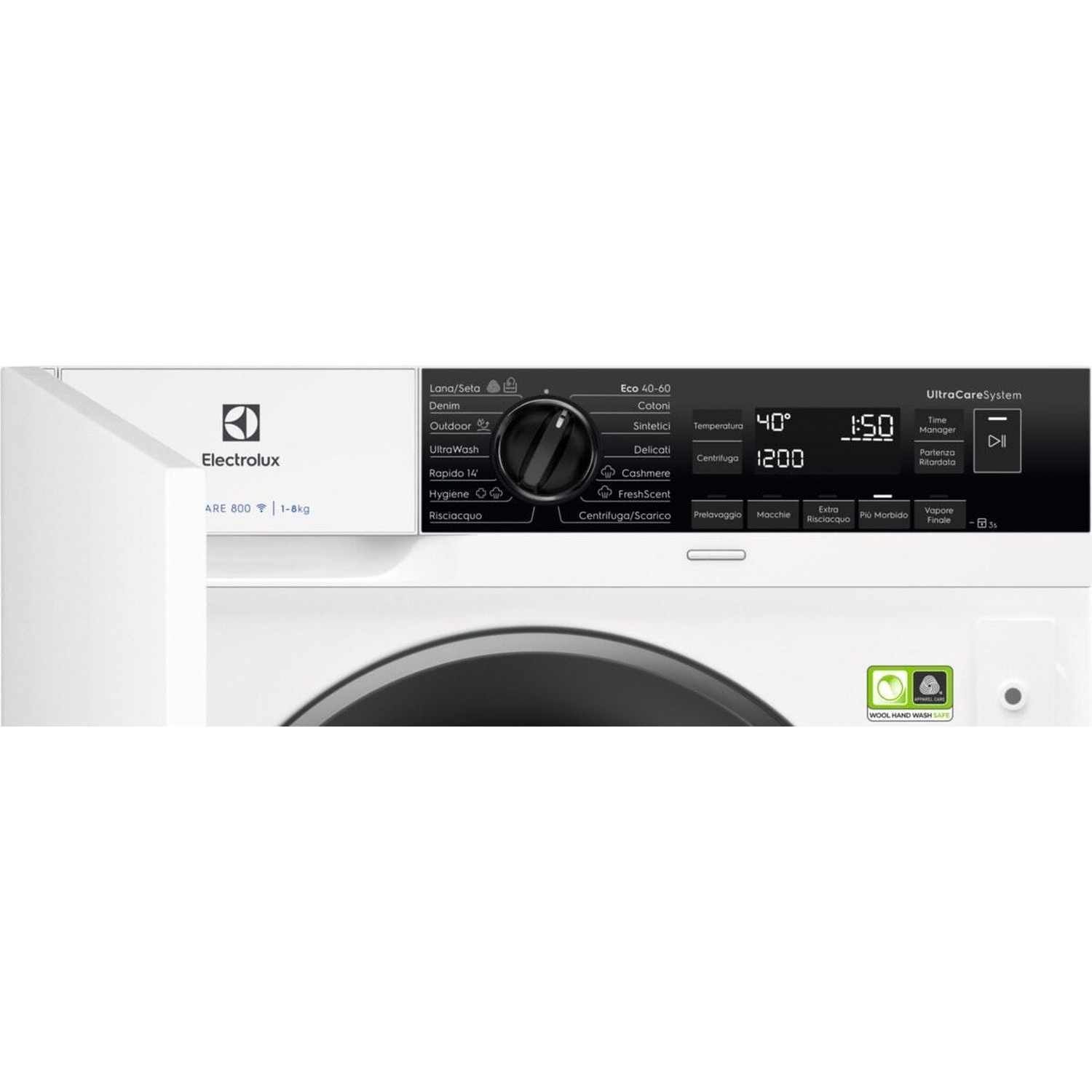 Pannello di controllo lavatrice Electrolux con vari programmi e impostazioni di lavaggio.