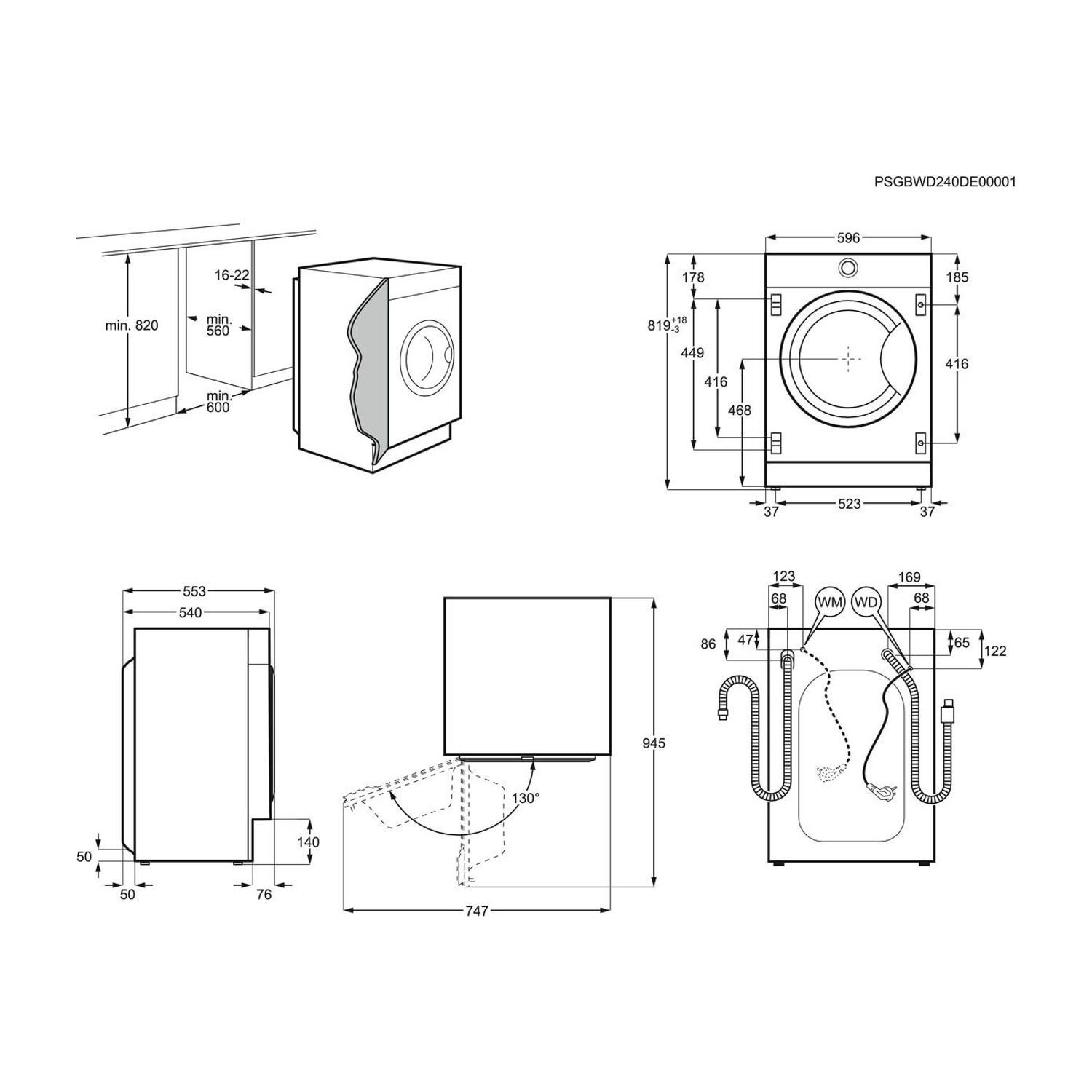 Disegno tecnico di una lavatrice con dimensioni e linee guida per l'installazione.
