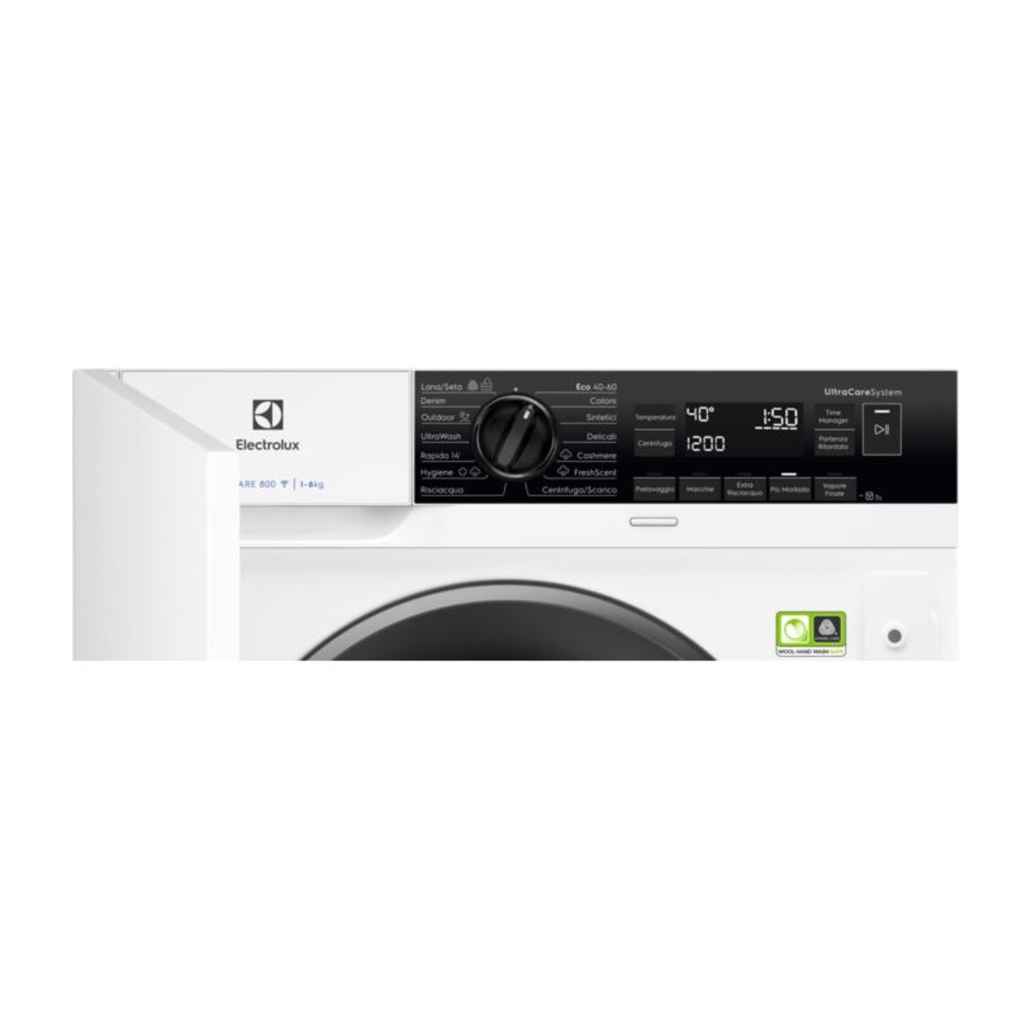 Un pannello di controllo bianco di lavatrice Electrolux con selezione programma, temperatura e tempo.