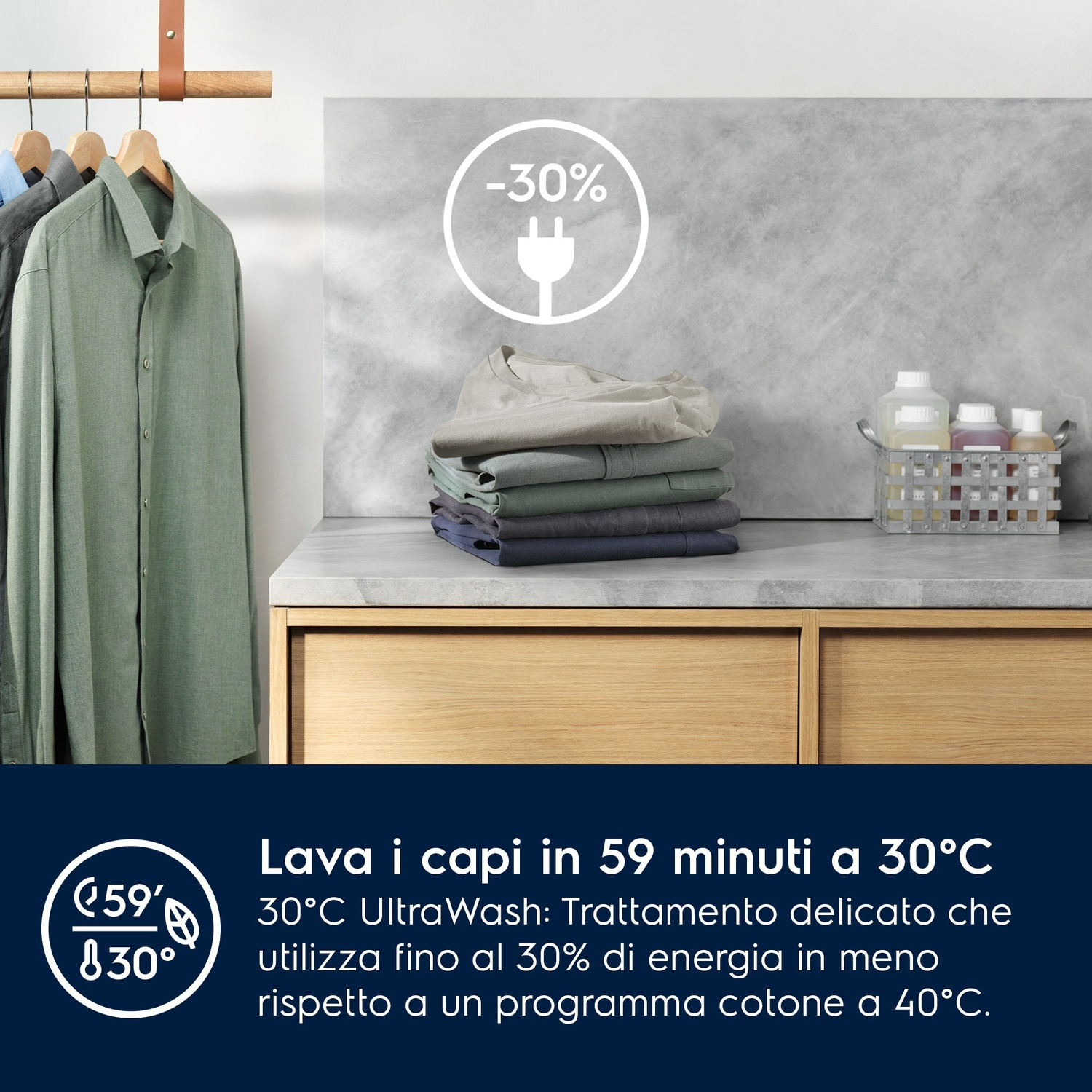 Camicia verde su gruccia, vestiti accatastati vicini. Simbolo lavaggio 30°C.