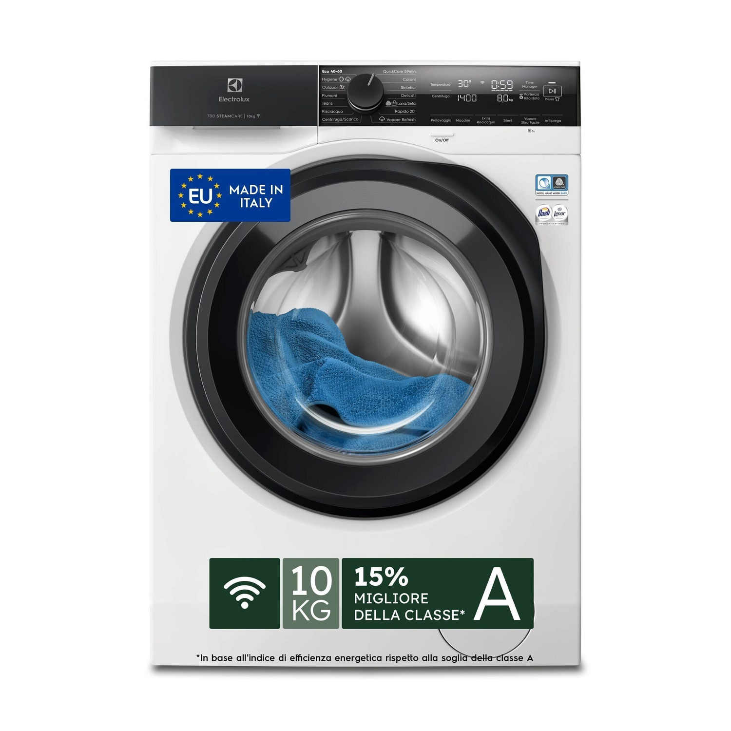 Lavatrice Electrolux bianca con oblò e pannello comandi neri. All'interno è visibile un asciugamano blu.
