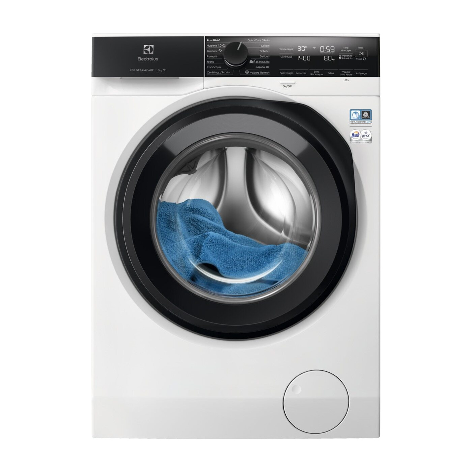Una lavatrice Electrolux bianca con oblò nero e biancheria blu all'interno.