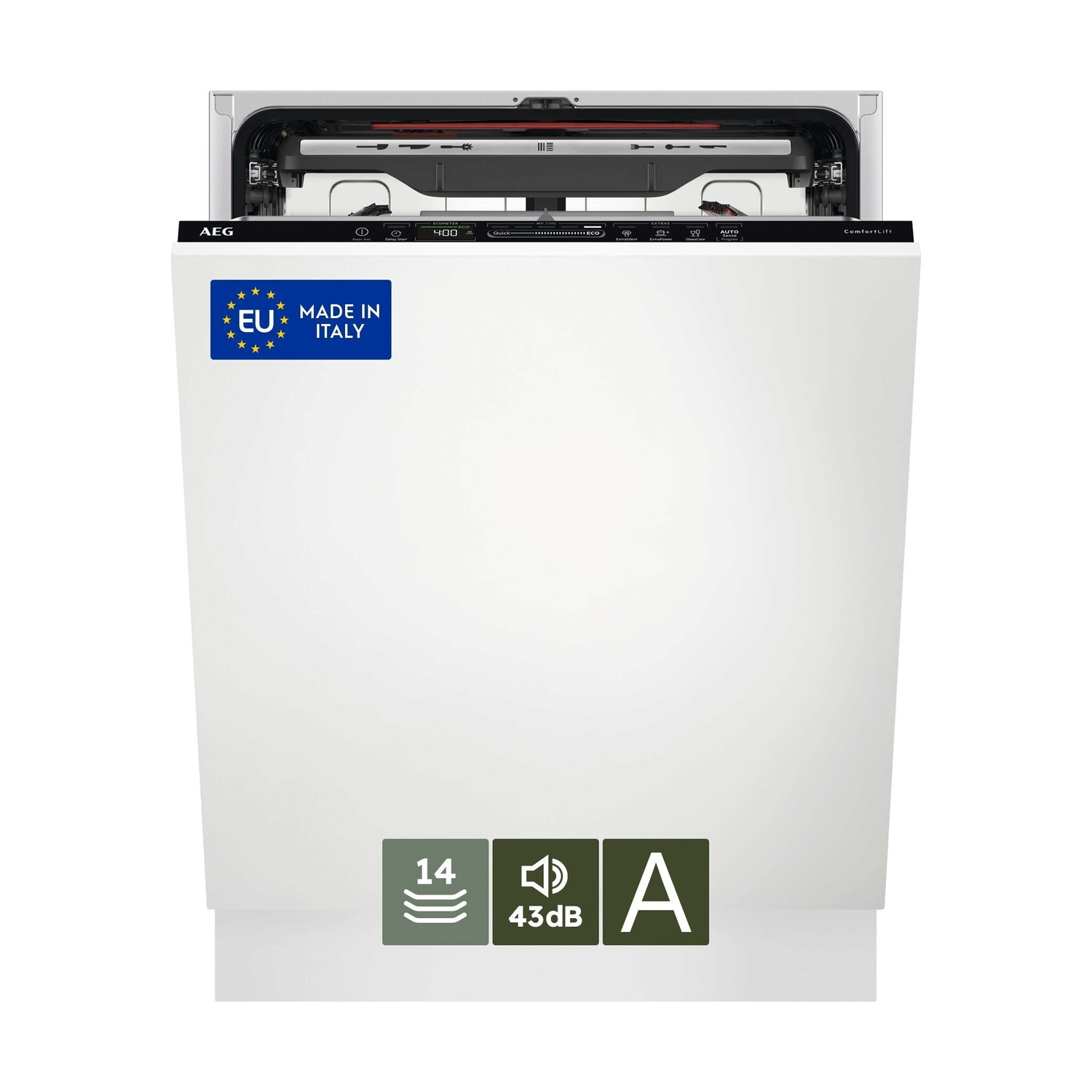 Lavastoviglie AEG bianca con adesivo "Made in Italy" e classe di efficienza energetica A.