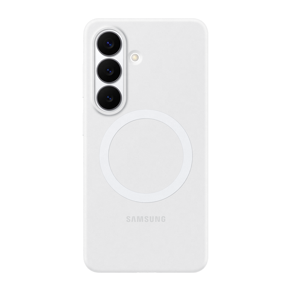 Białe etui na telefon z trzema aparatami, kółkiem i logo Samsung.