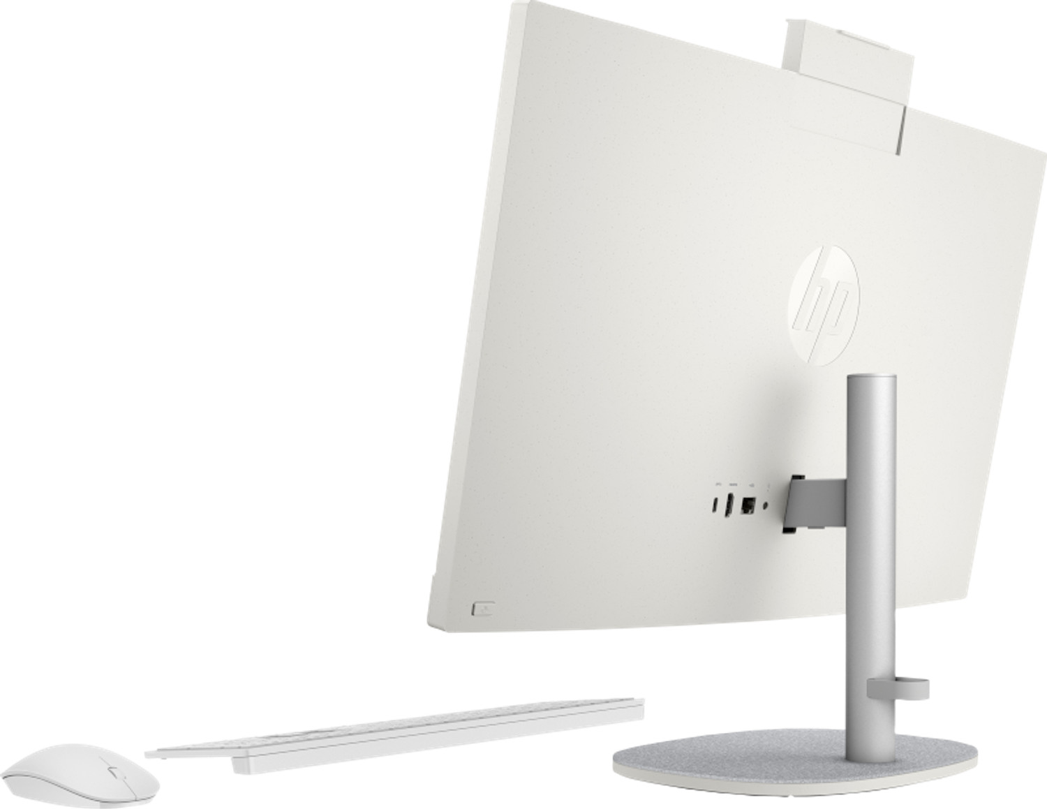 Achterkant van een witte HP All-in-One computer met muis en toetsenbord.