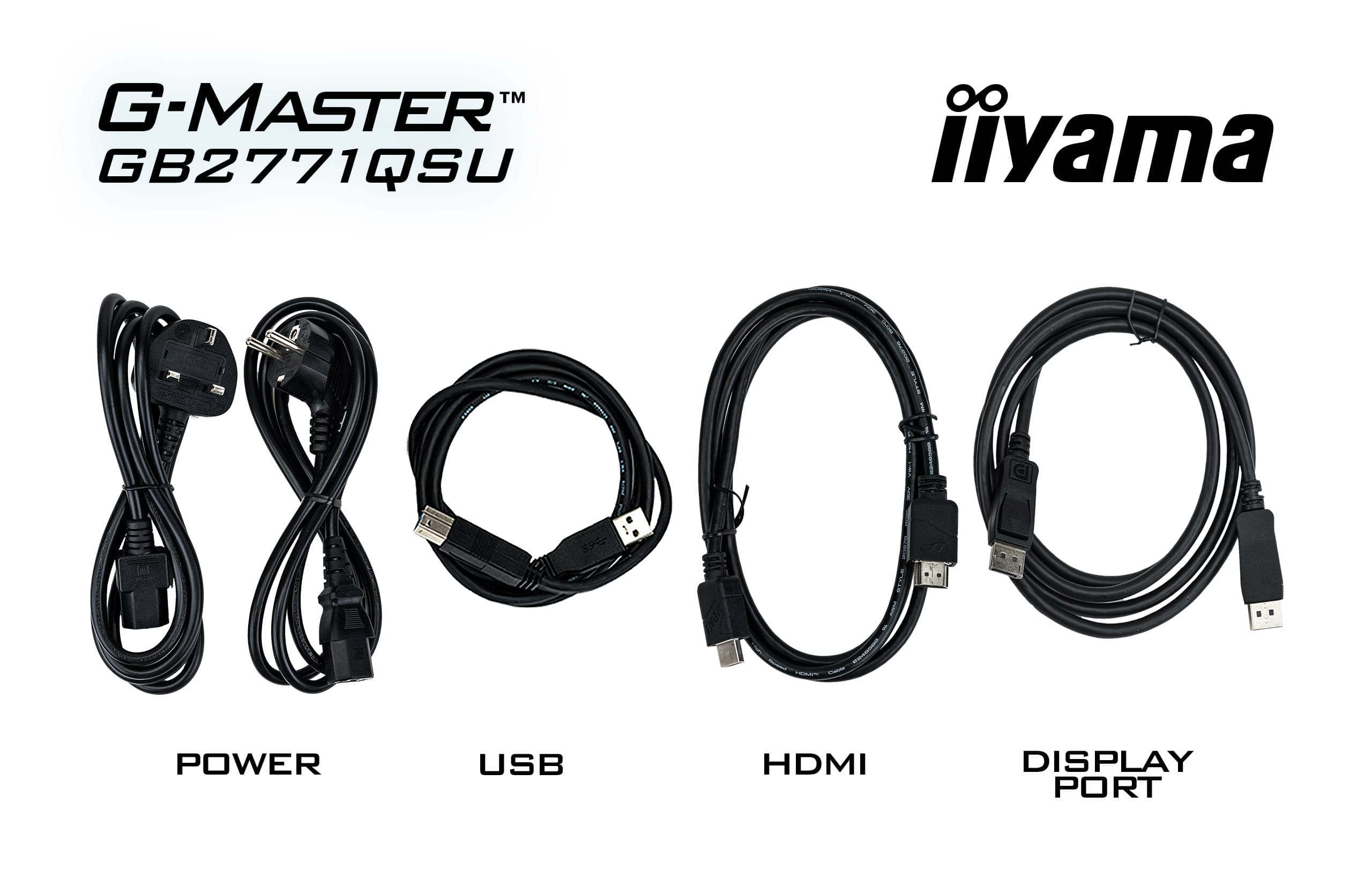 Cztery czarne kable: zasilający, USB, HDMI i DisplayPort, z etykietami.