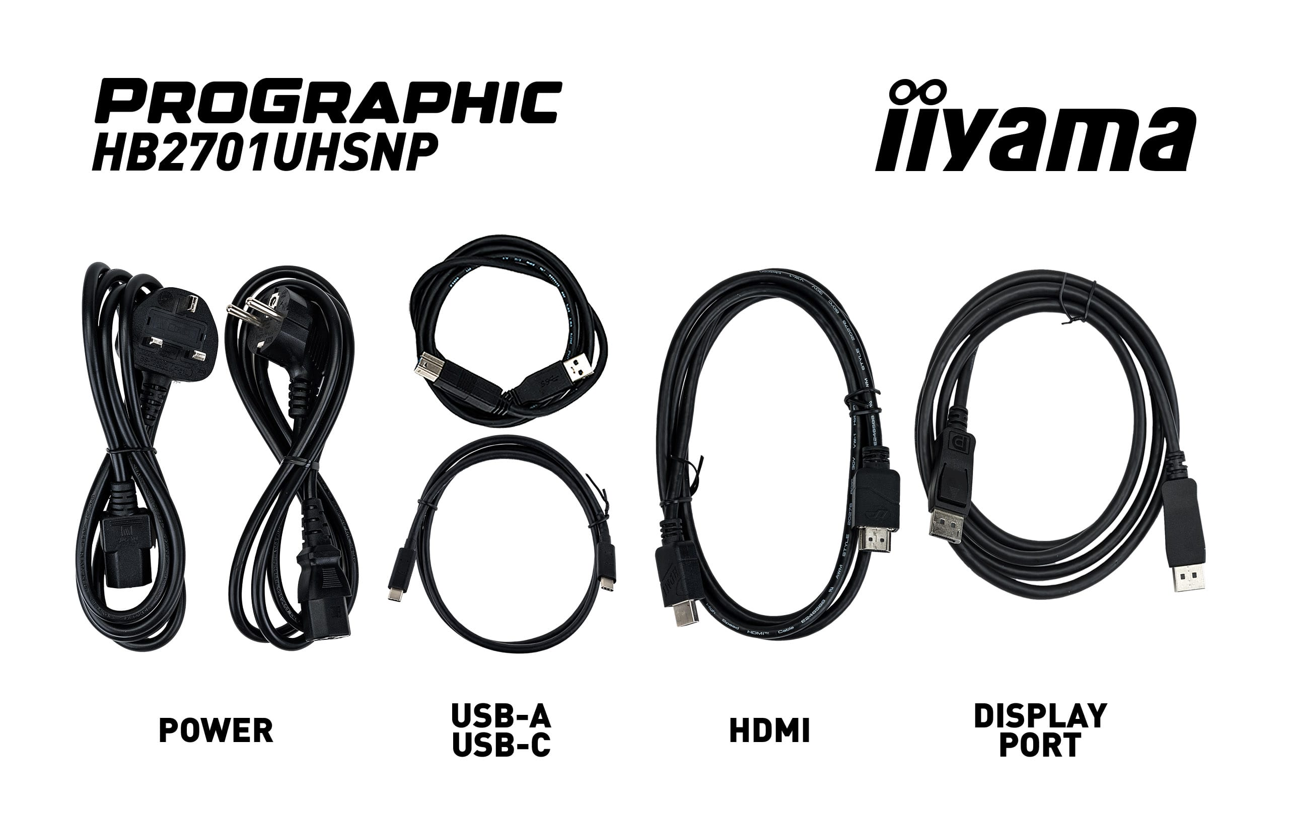 Fünf schwarze Kabel: Strom, USB-A/USB-C, HDMI und DisplayPort.