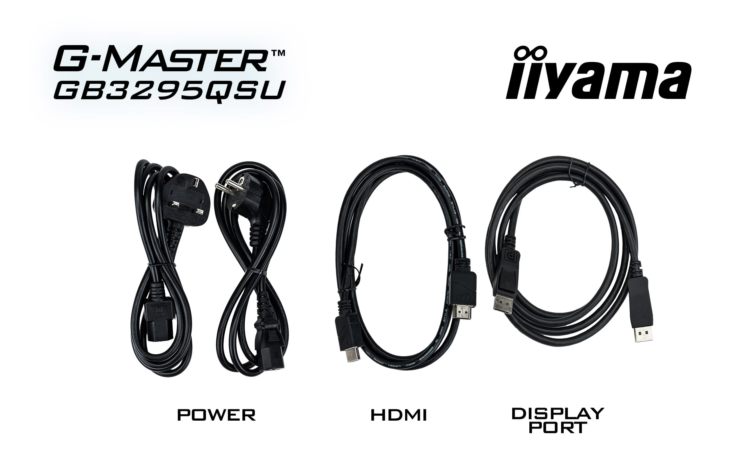 Trzy czarne kable: zasilający, HDMI i DisplayPort, z logo Iiyama i G-Master.