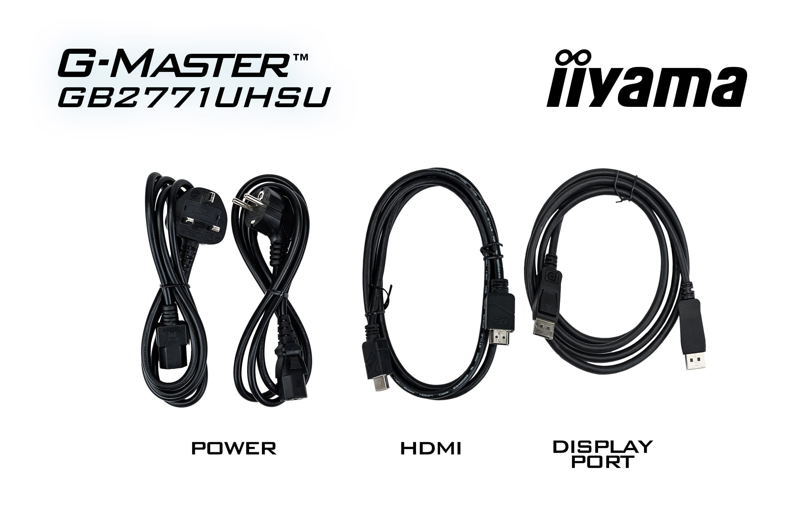 Trzy czarne kable: zasilający, HDMI i DisplayPort, z logo.