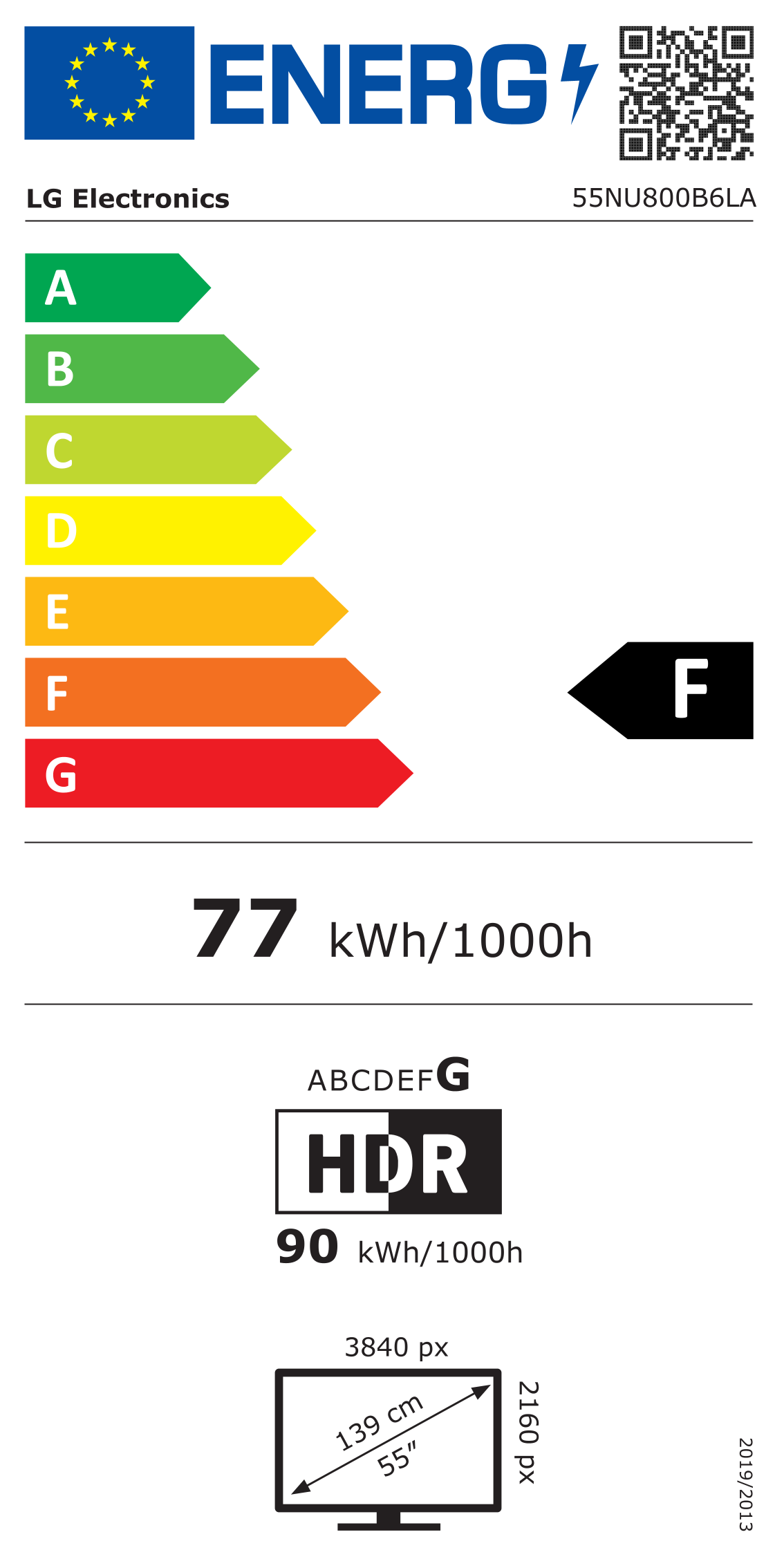 Energieetikett mit Skala von A bis G, F-Bewertung, 77 kWh/1000h, HDR, 90 kWh/1000h, 55-Zoll-TV.