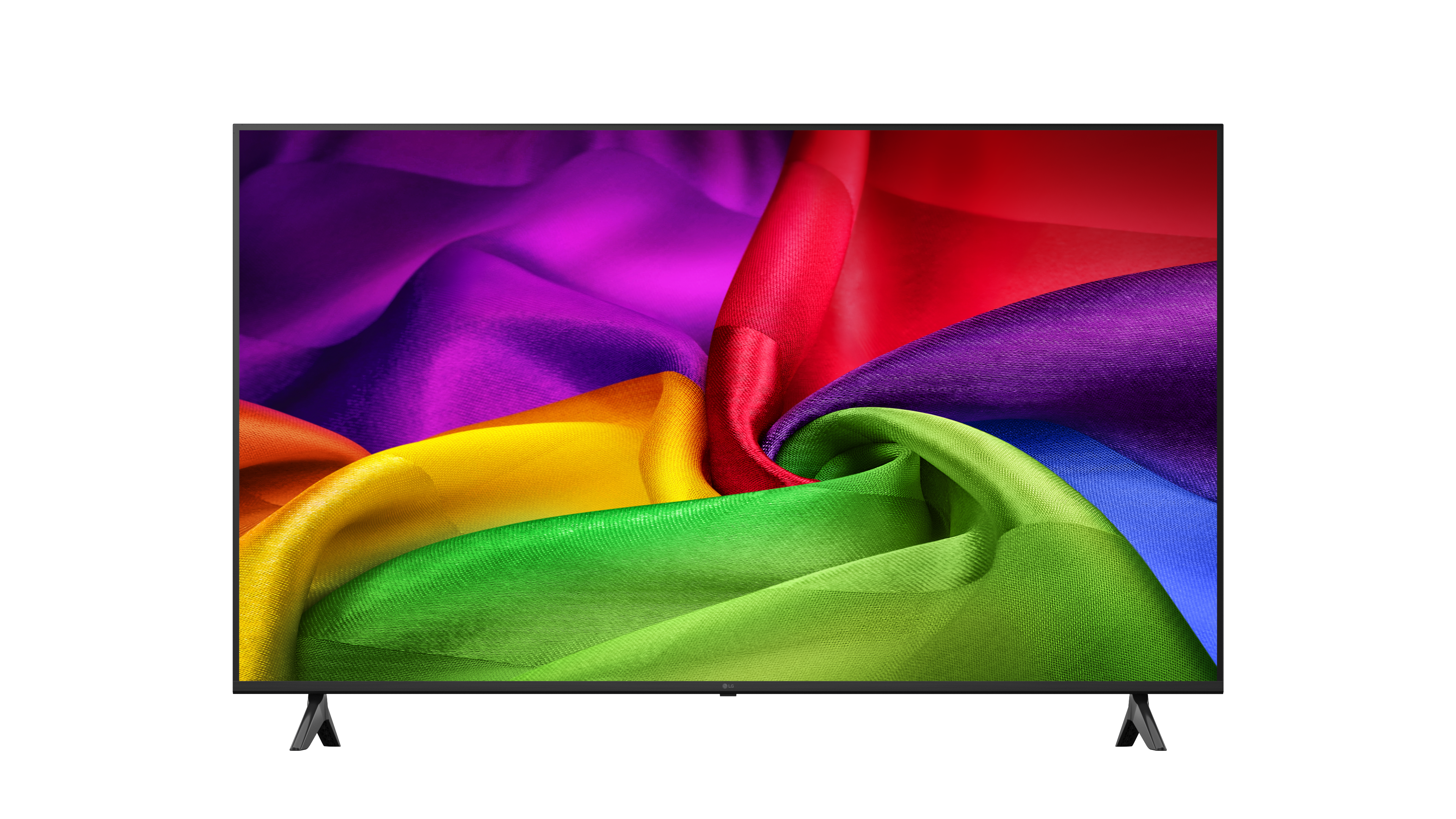 Ein moderner Fernseher zeigt ein buntes, fließendes Stoffmuster in Regenbogenfarben.