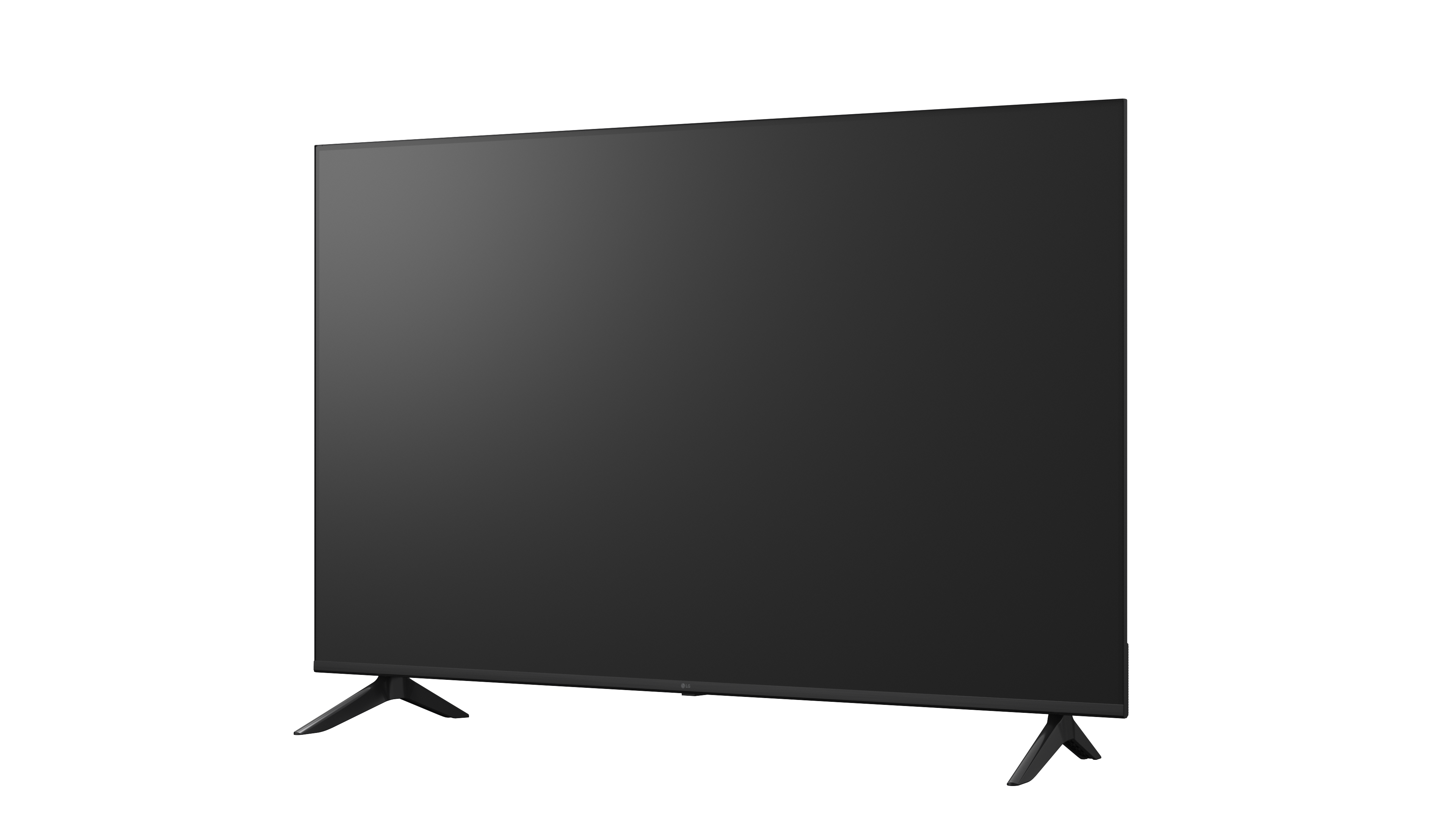 Ein schwarzer Fernseher mit schmalem Rahmen und zwei V-förmigen Füßen.