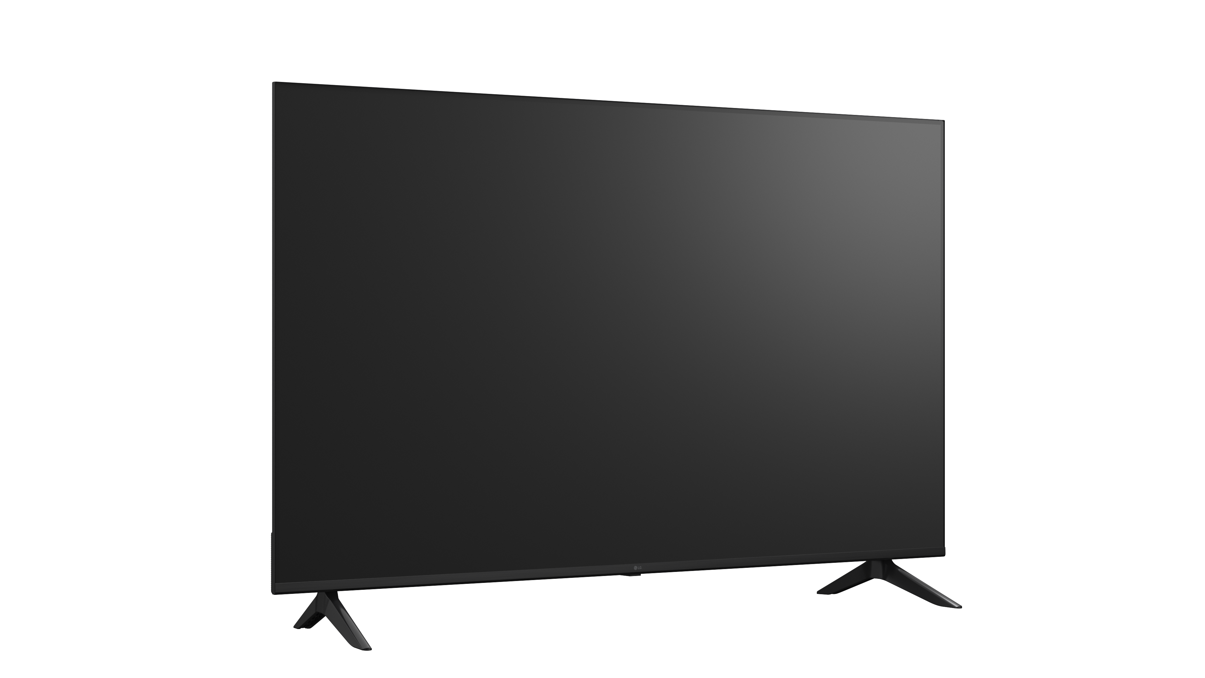 Ein schwarzer Fernseher mit einem schmalen Rahmen und einem Ständer.