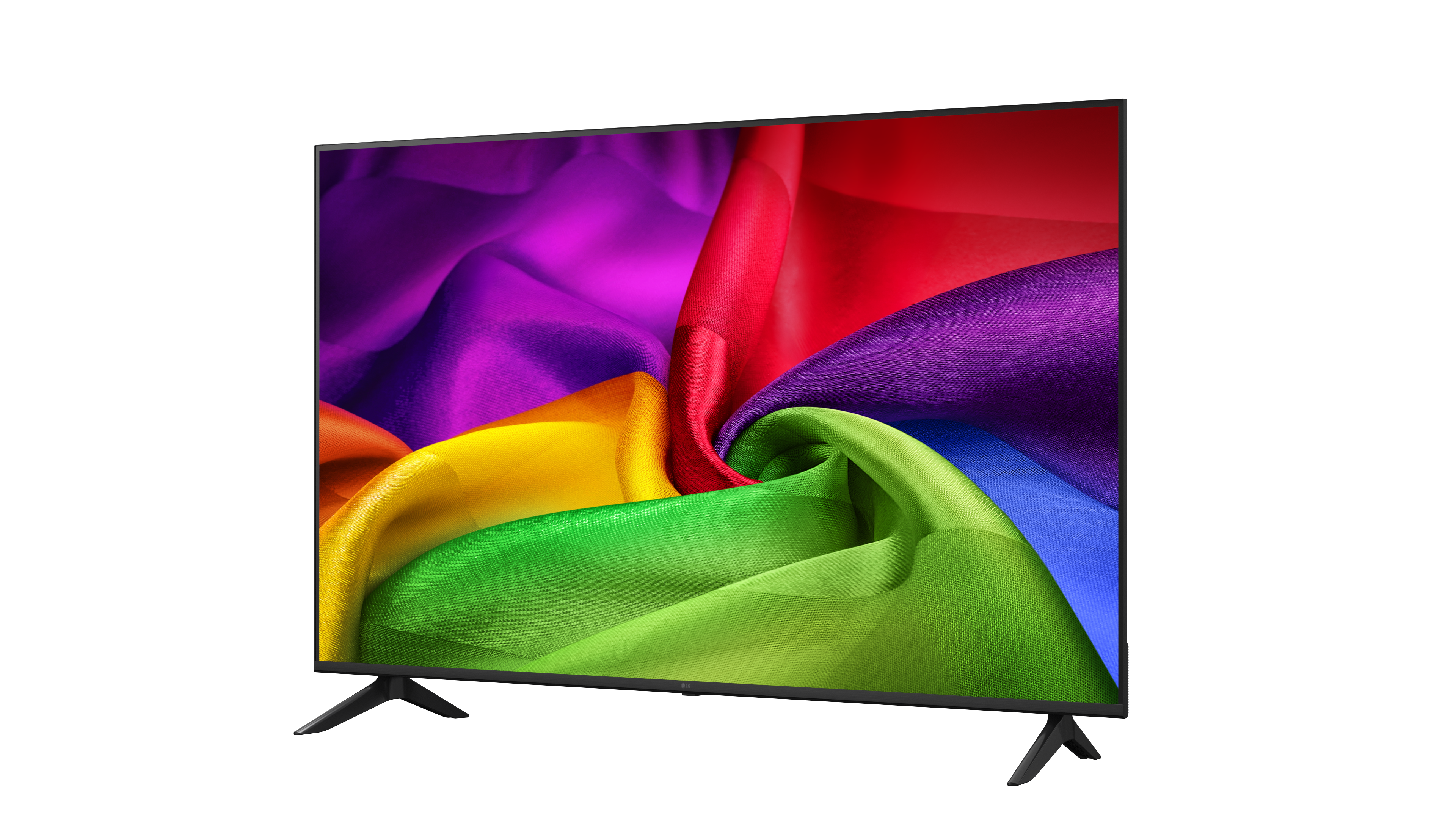 Ein moderner Fernseher zeigt ein lebendiges Regenbogenmuster aus Stoff.