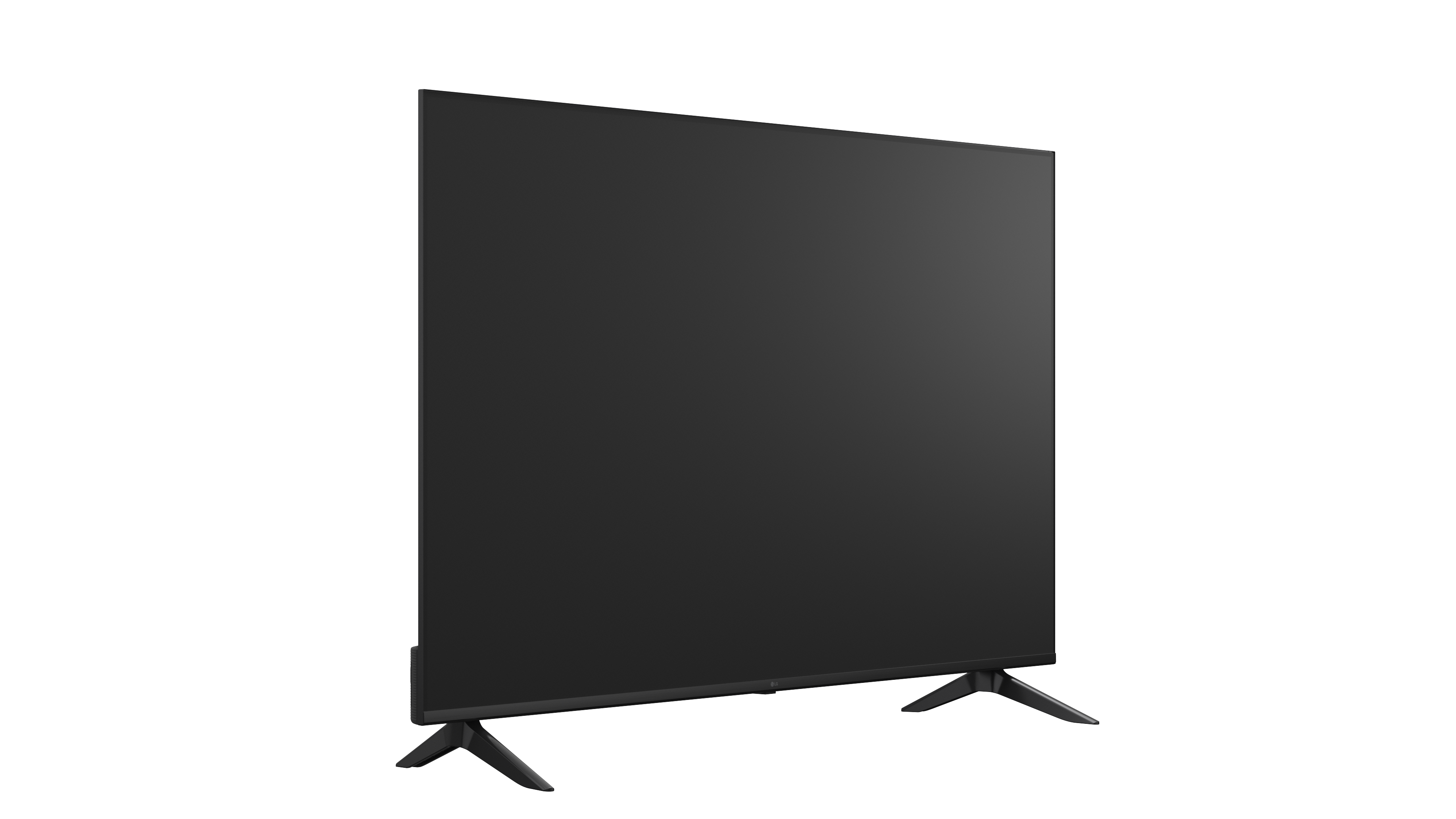 Ein schwarzer Fernseher mit Standfuß auf schwarzem Hintergrund.