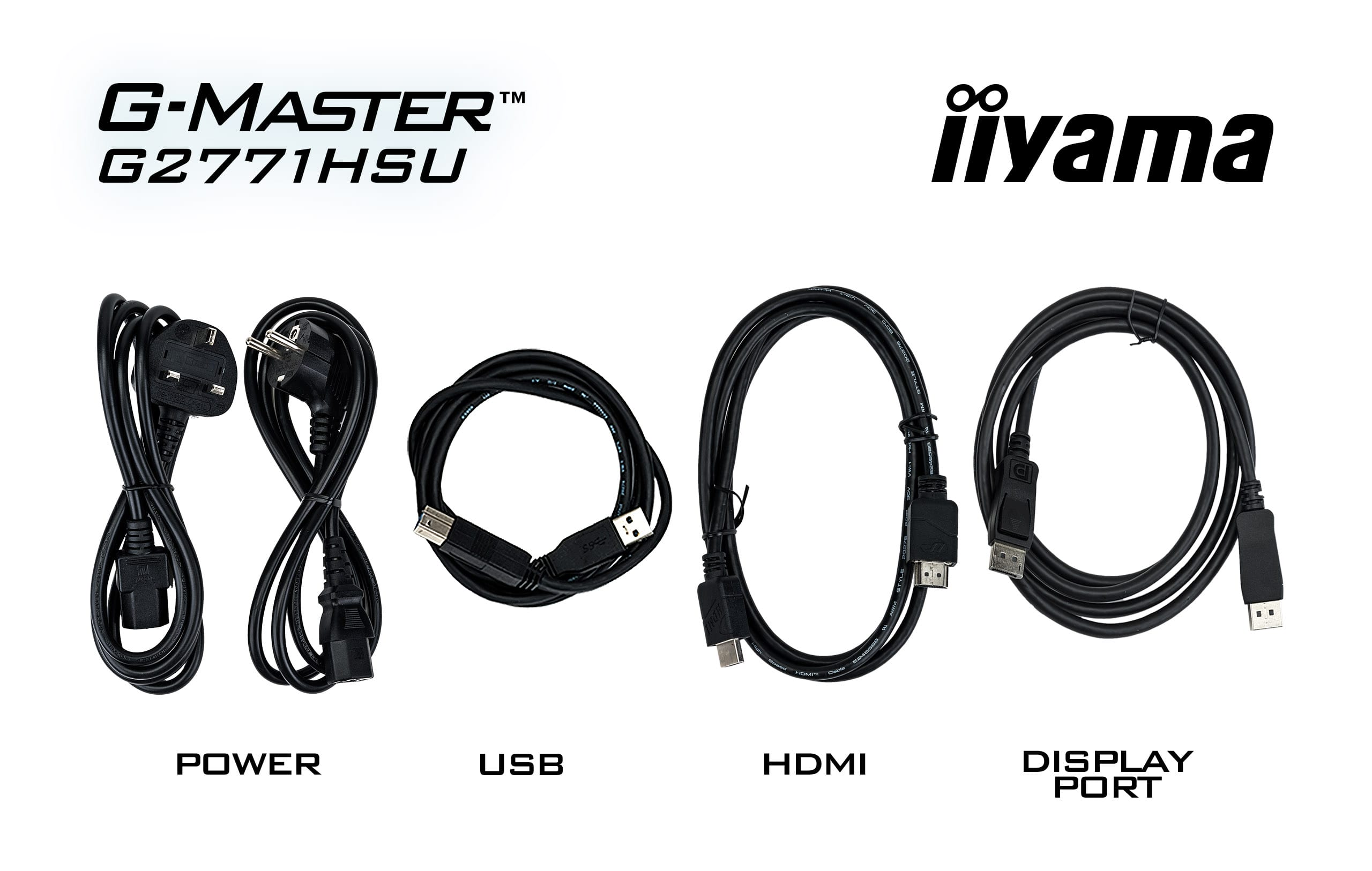 Kable monitora Iiyama G-Master: zasilający, USB, HDMI i DisplayPort.