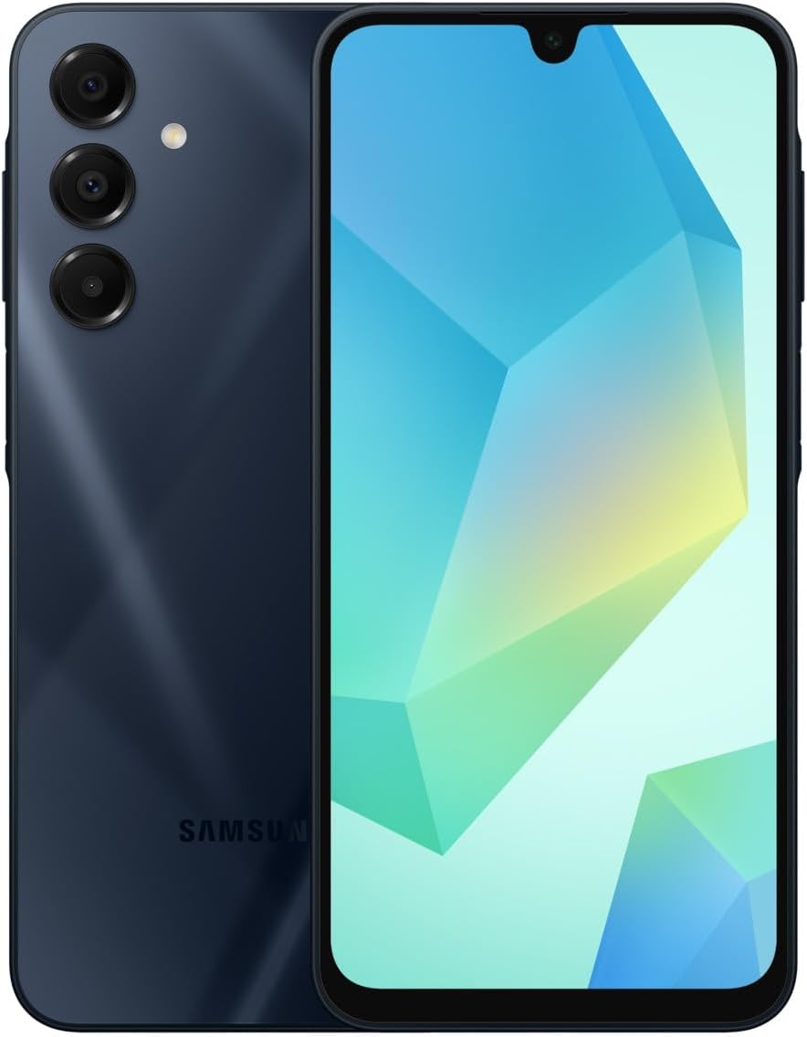 Ciemnoniebieski smartfon z trzema tylnymi aparatami i abstrakcyjną tapetą.