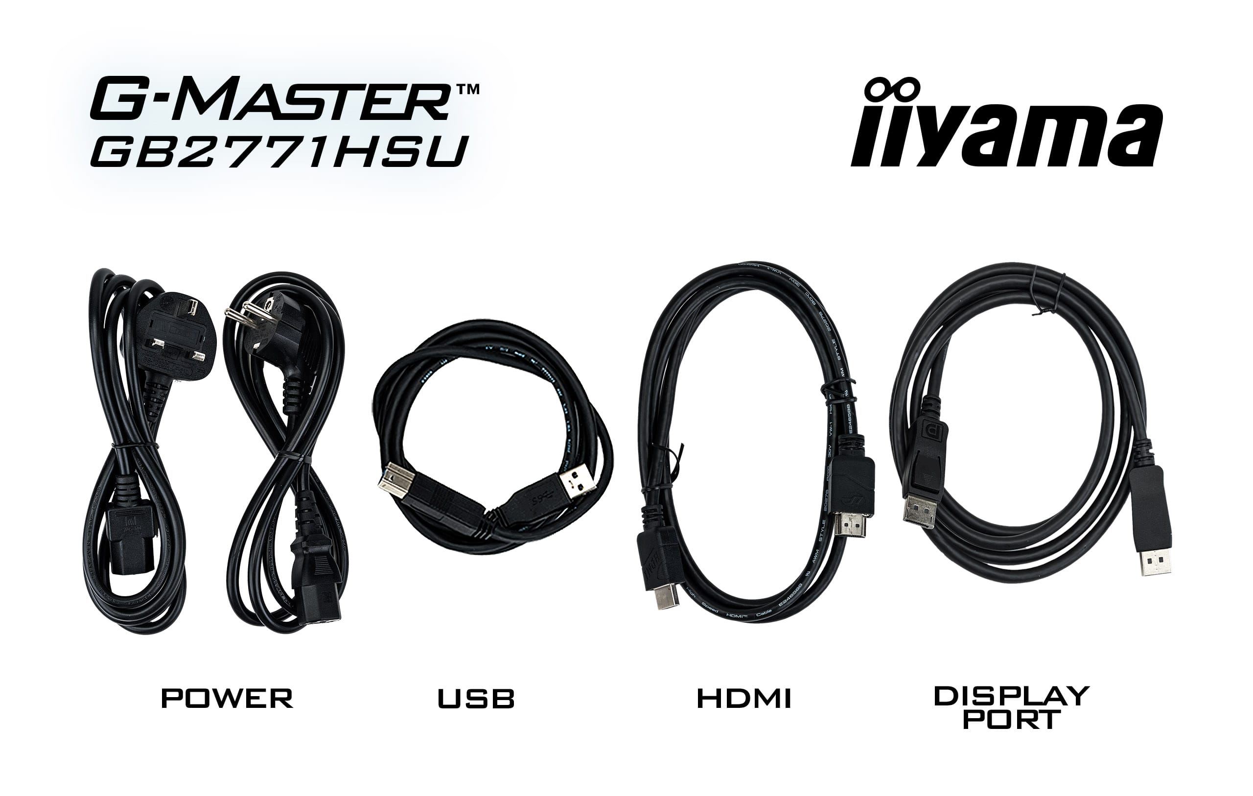 Cztery czarne kable: zasilający, USB, HDMI i DisplayPort, na białym tle.