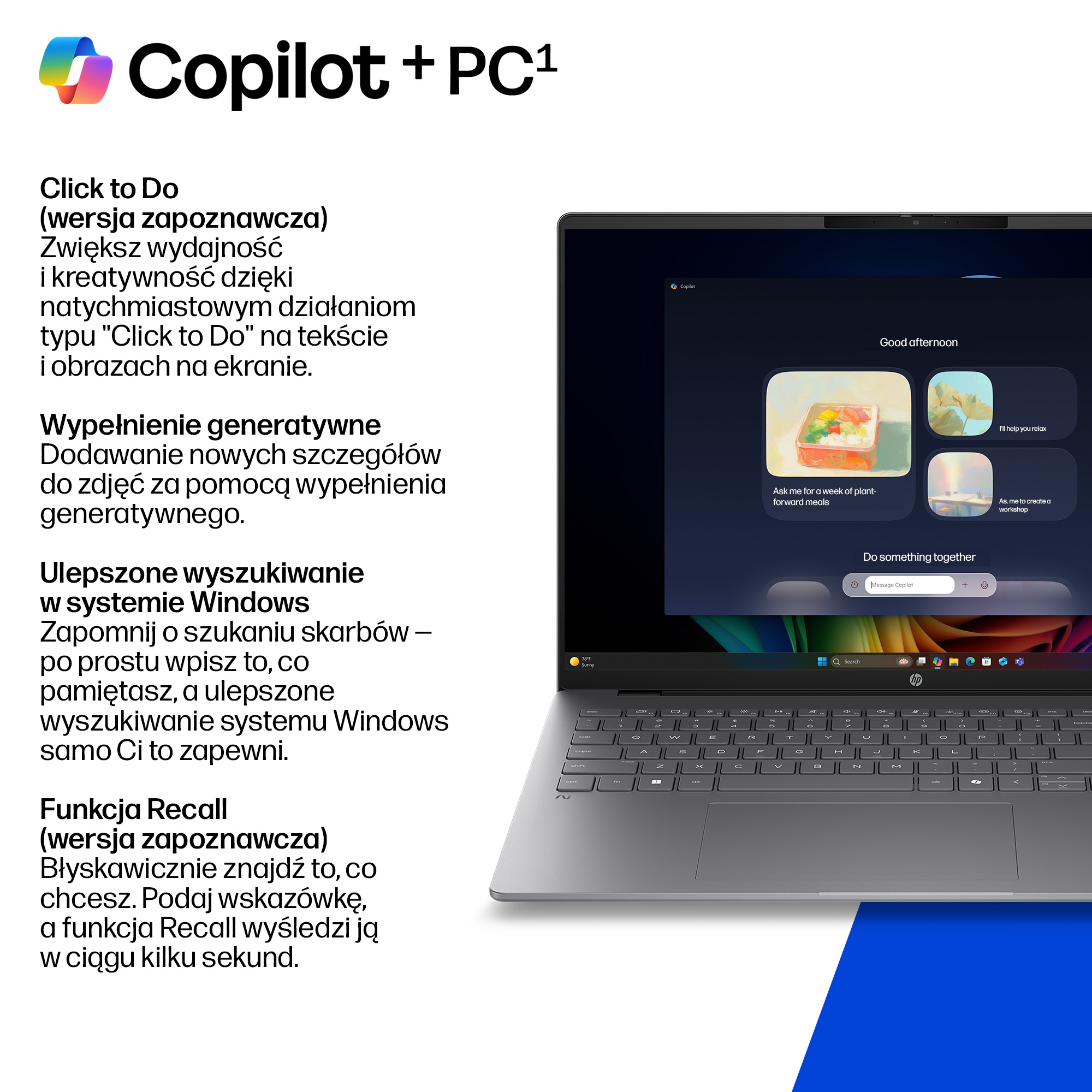 Laptop prezentuje interfejs Copilota, pokazując różne funkcje.